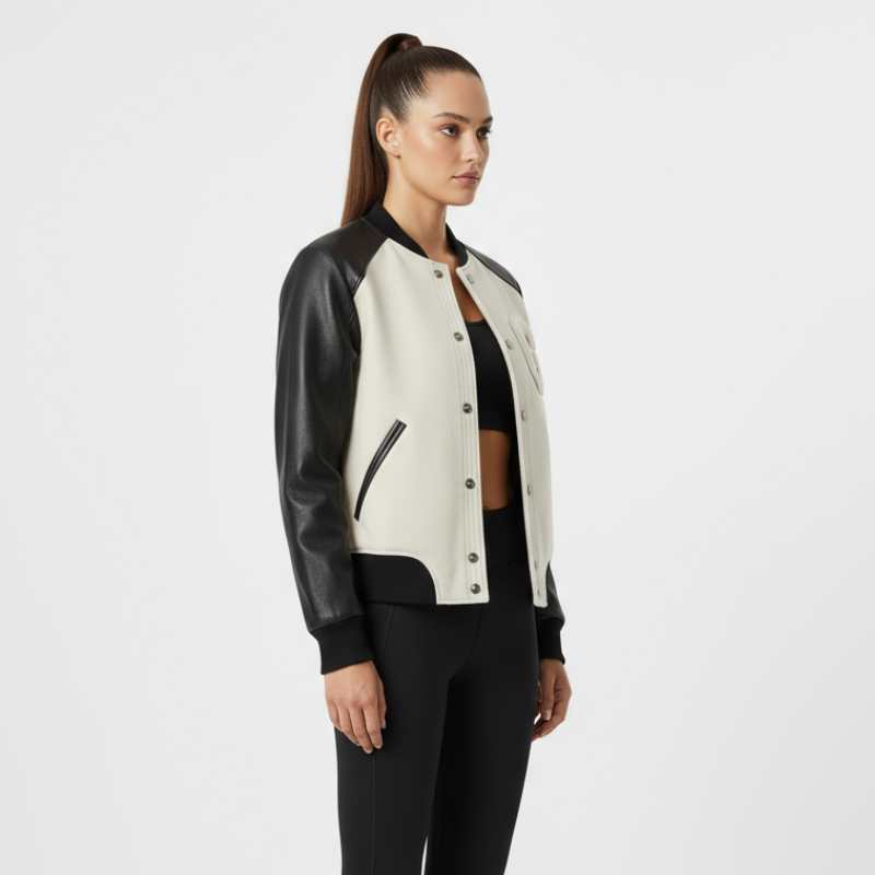 “Letterform Ivory” – Varsity in pelle con corpo crema e dettagli bold