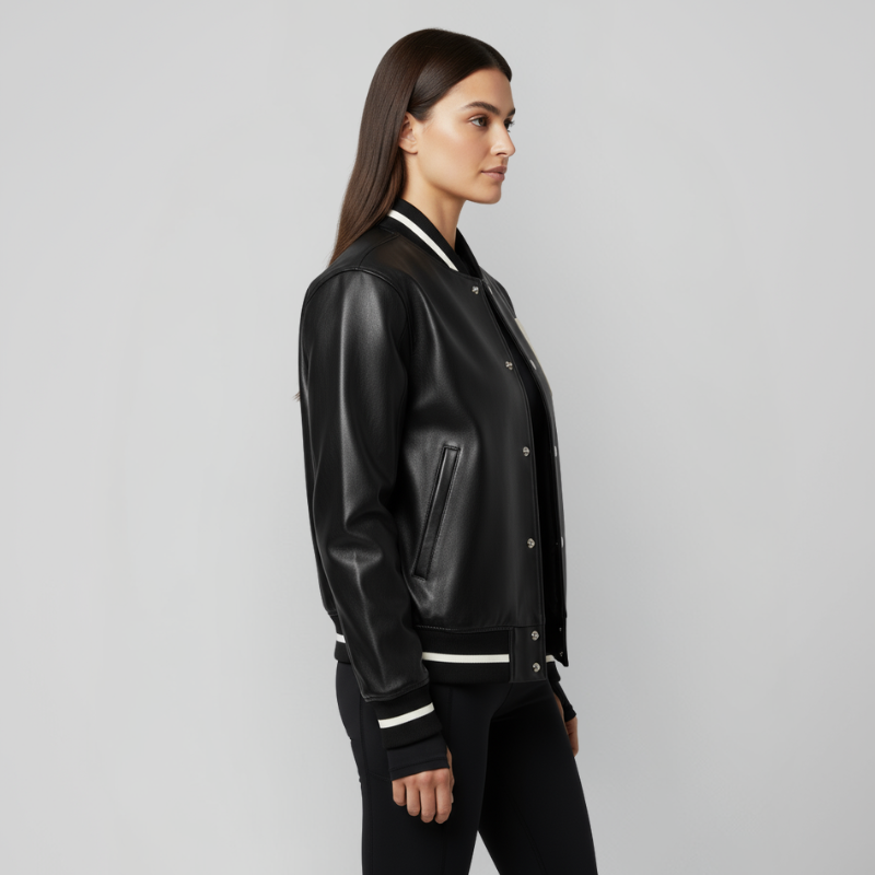 “Graphite Letter” – Varsity in pelle nera con patch bold