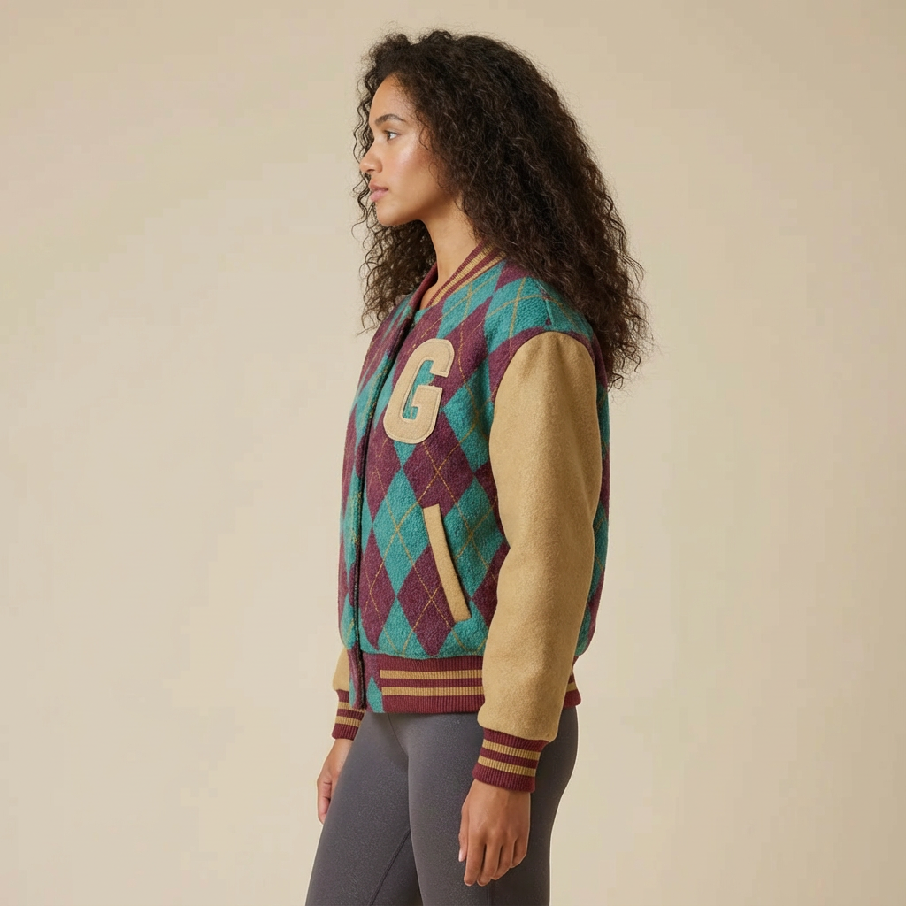 “Argyle Impact” – Varsity in pelle con pattern geometrico e taglio sportivo sartoriale