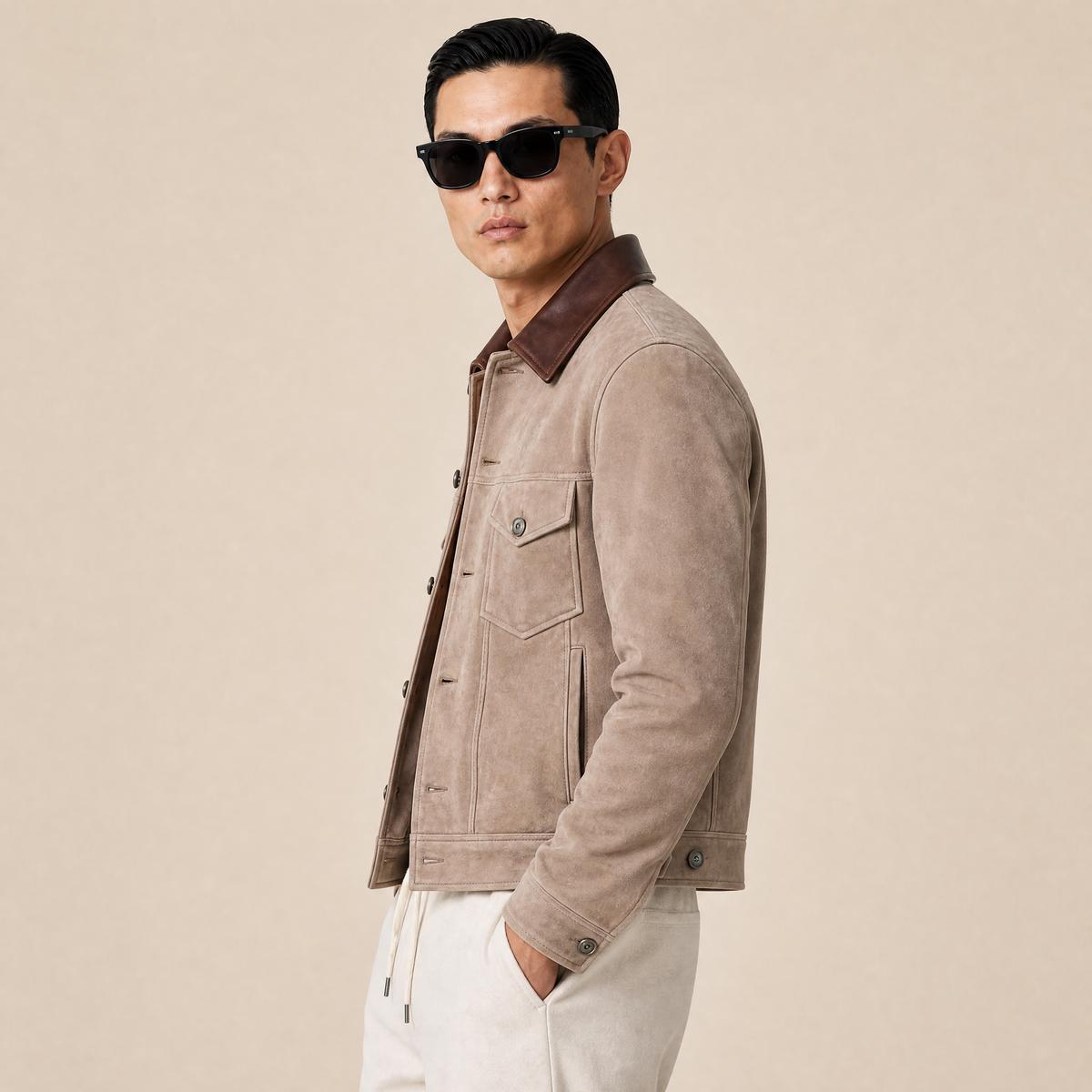 Giacca in Suede Beige e Pelle Bovina