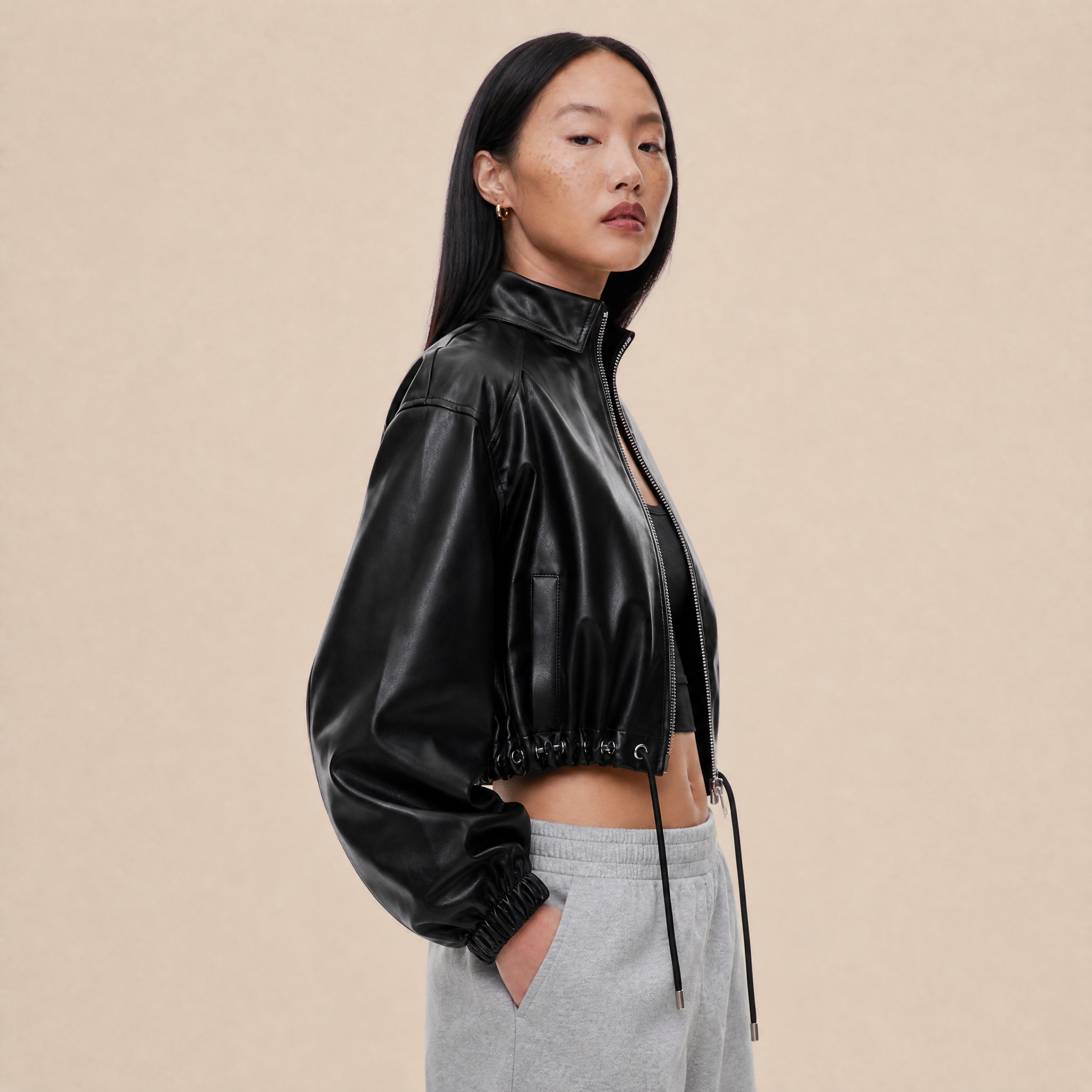 Giacca Cropped in Pelle Pieno Fiore Lucidata