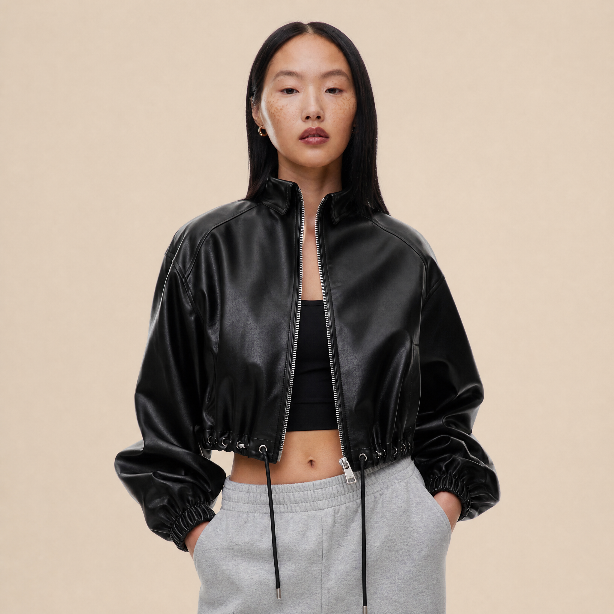 Giacca Cropped in Pelle Pieno Fiore Lucidata