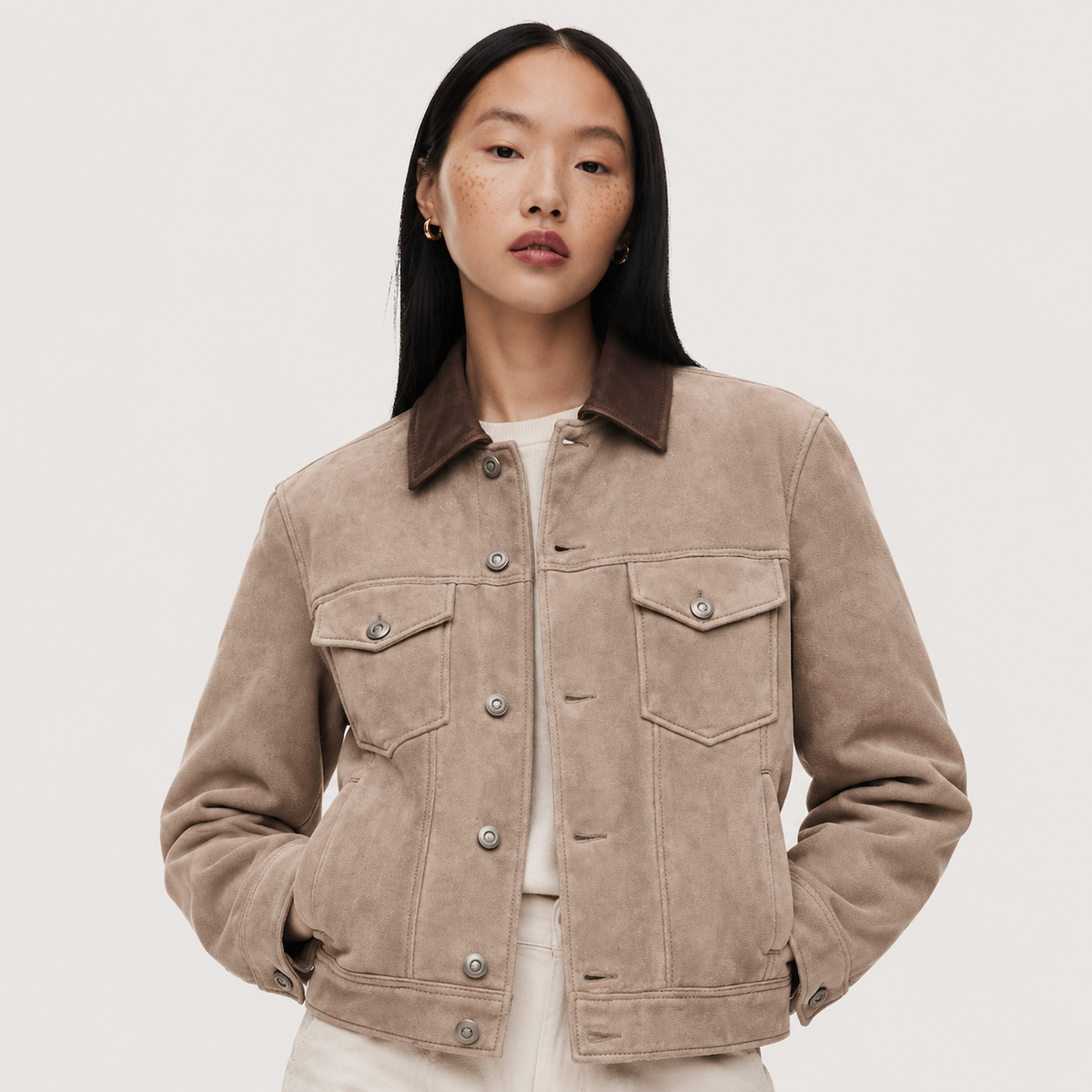 Giacca in Suede Beige e Pelle Bovina