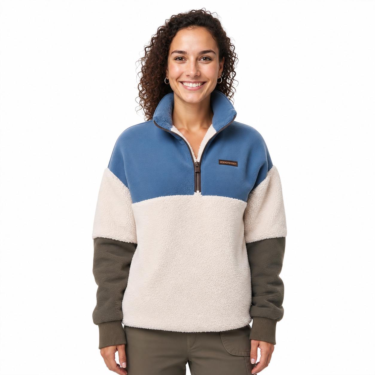 Nordic Block – Tricolor Fleece Pullover with Half-Zip