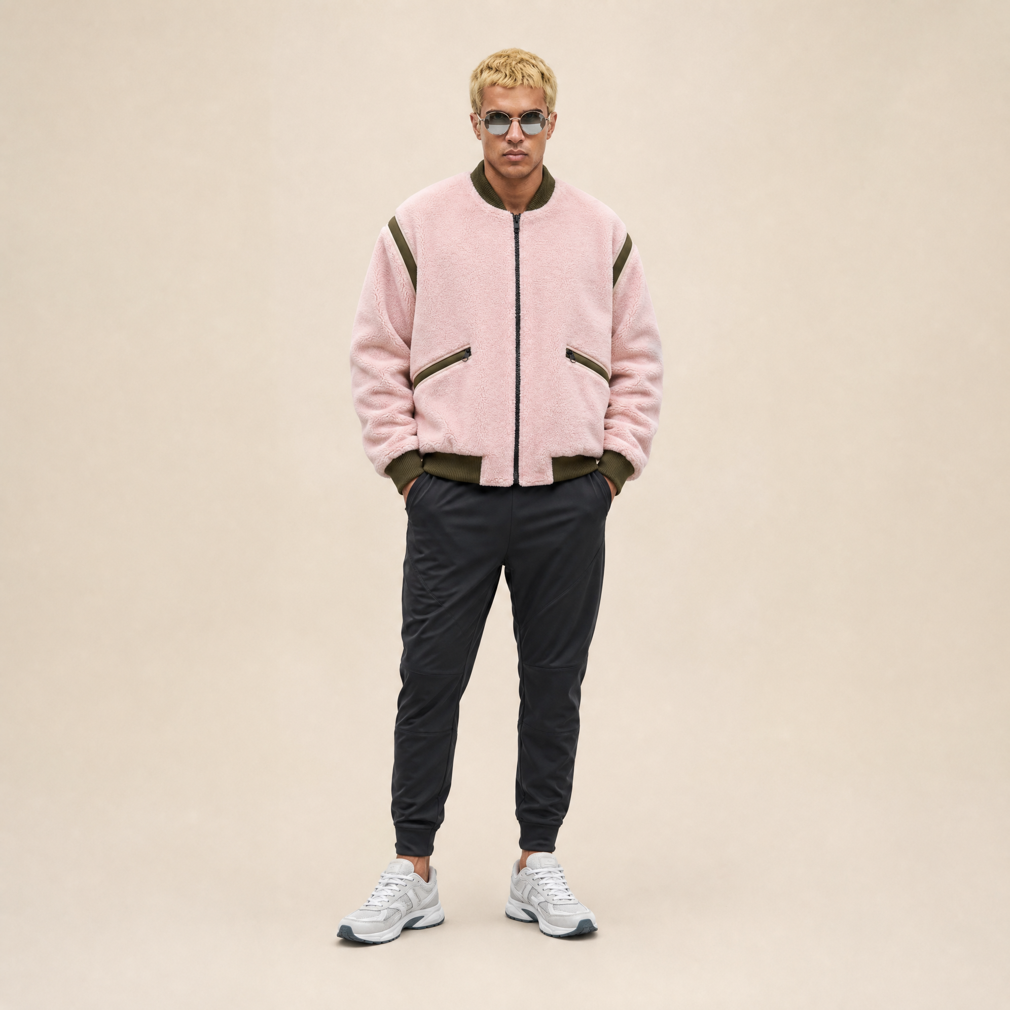 Blush Terrain – Pink Teddy Bomber Jacket with Olive Green Details and Urban Lines
