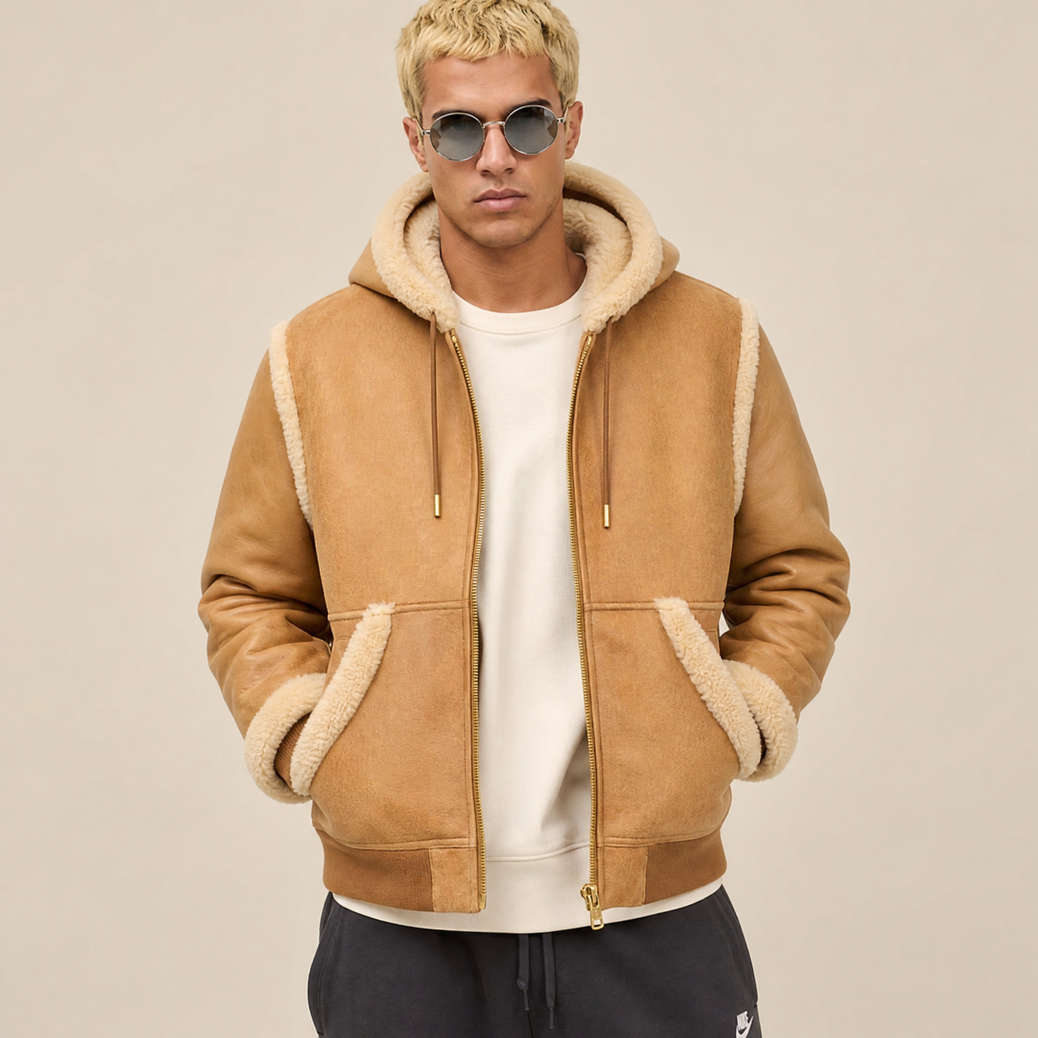 Giacca Bomber in Pelle Scamosciata e Shearling