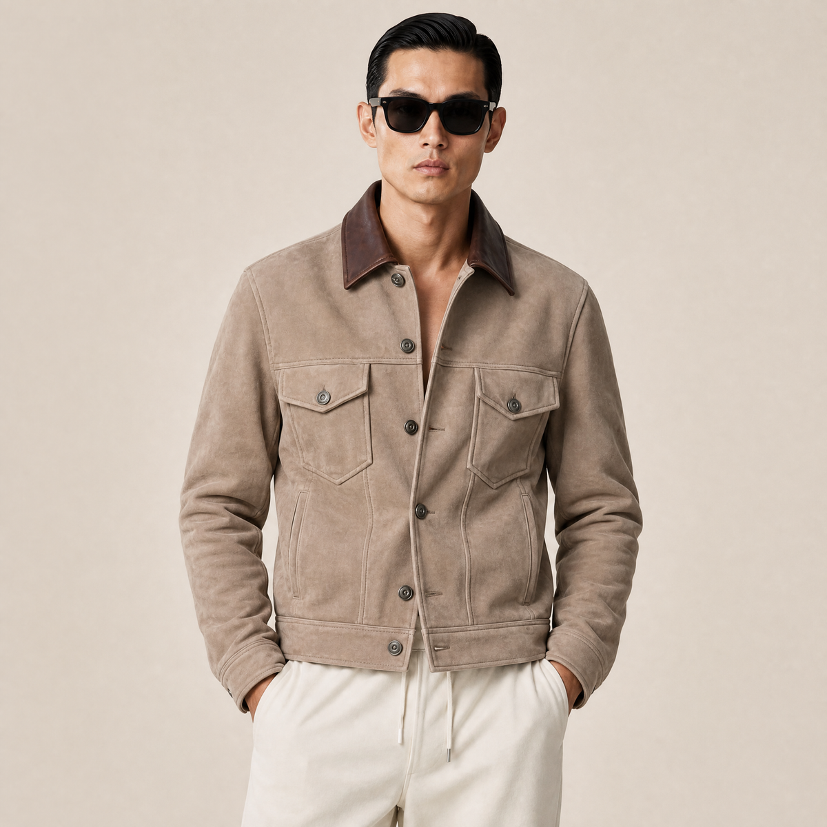 Giacca in Suede Beige e Pelle Bovina