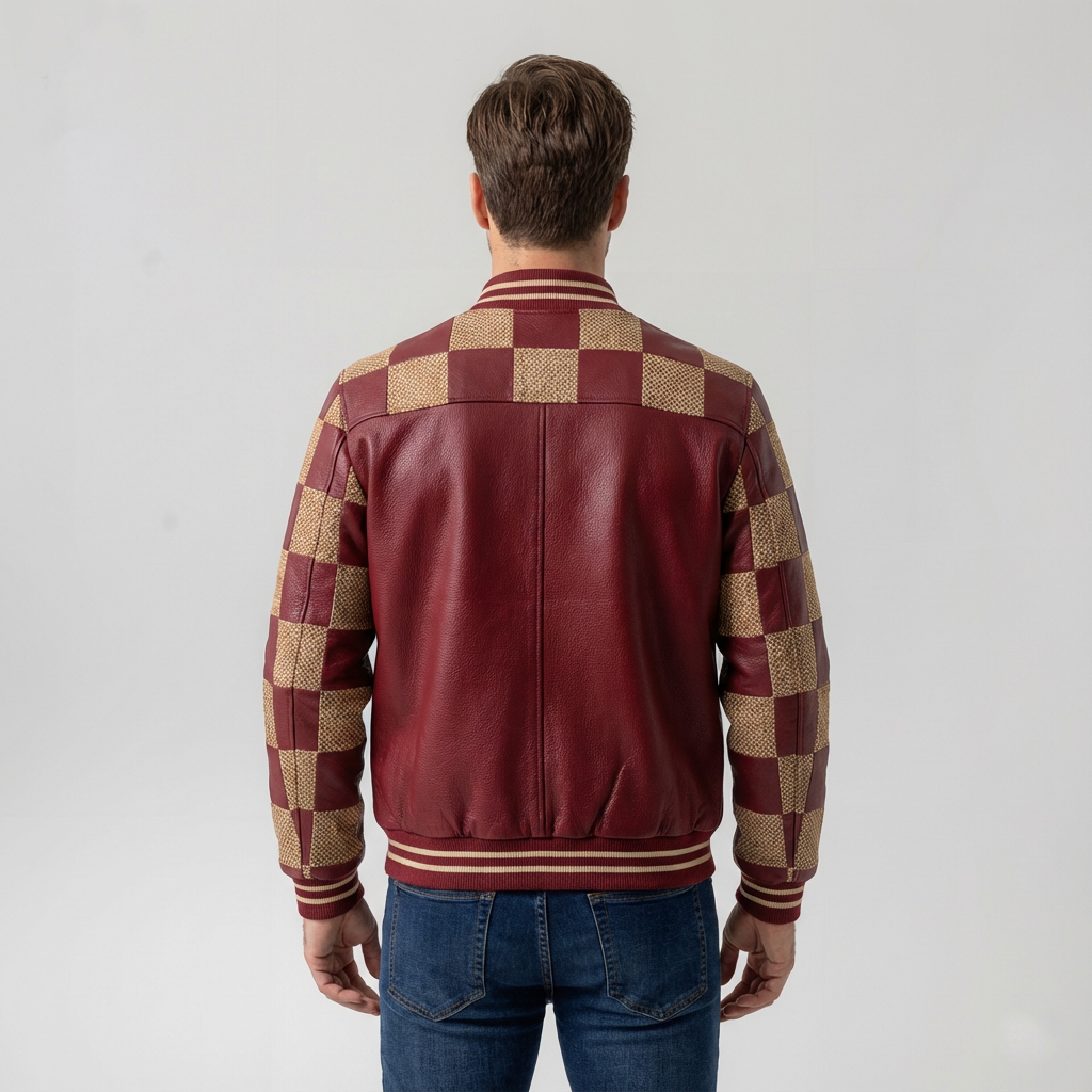 “Rebel Checkpoint” – Varsity in pelle con stampa checker e costruzione sportiva