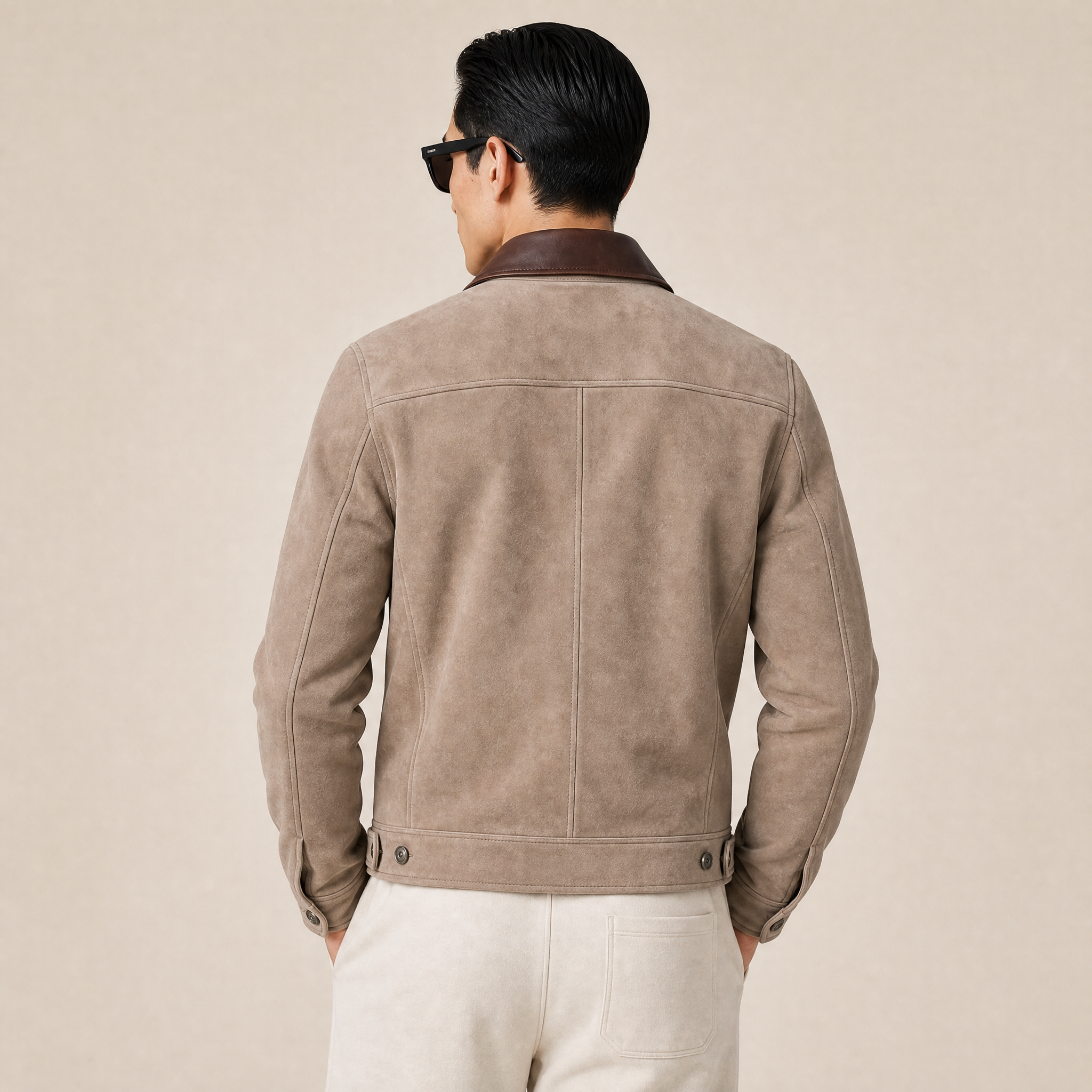 Giacca in Suede Beige e Pelle Bovina