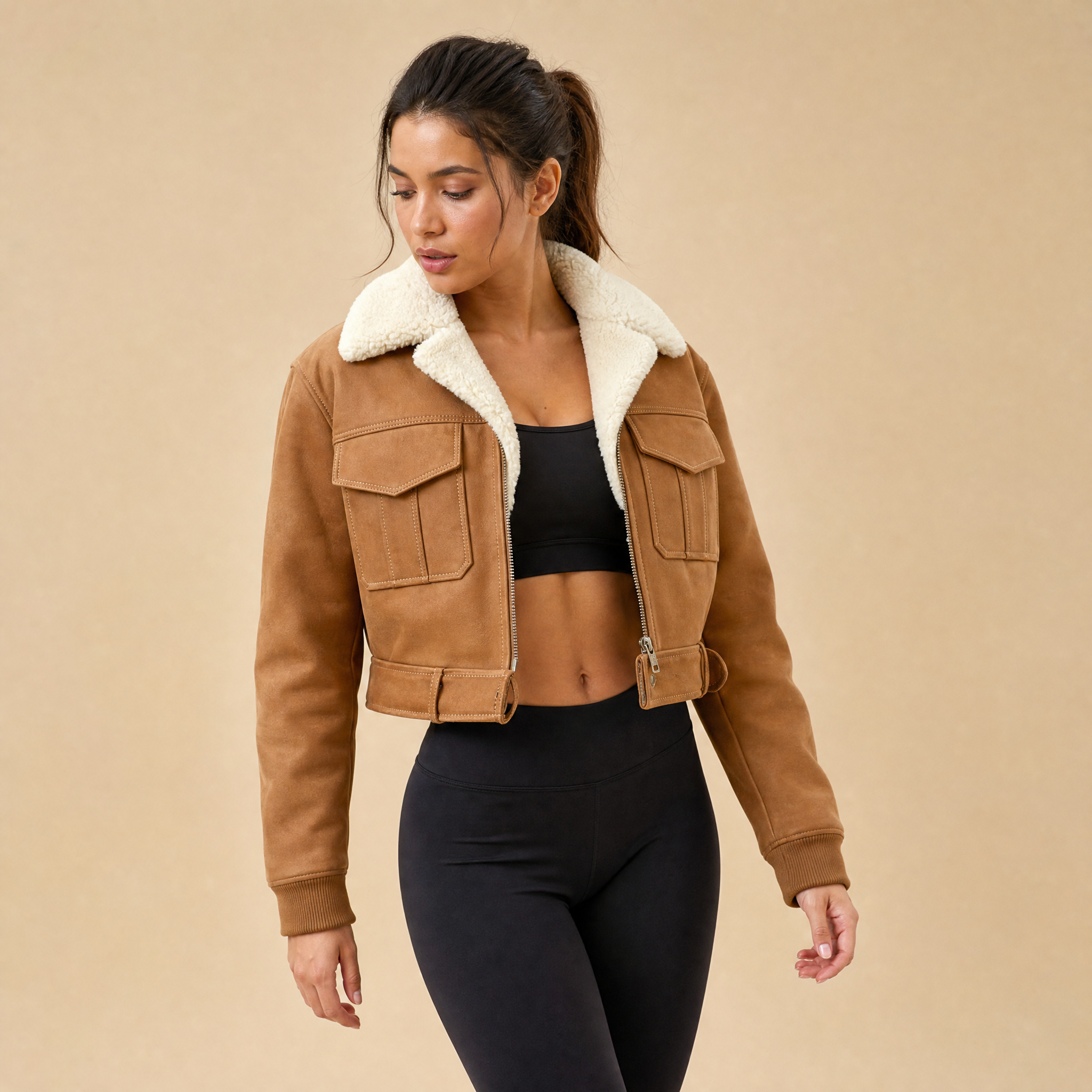 “Altitude Belted” – Shearling aviator in suede leather