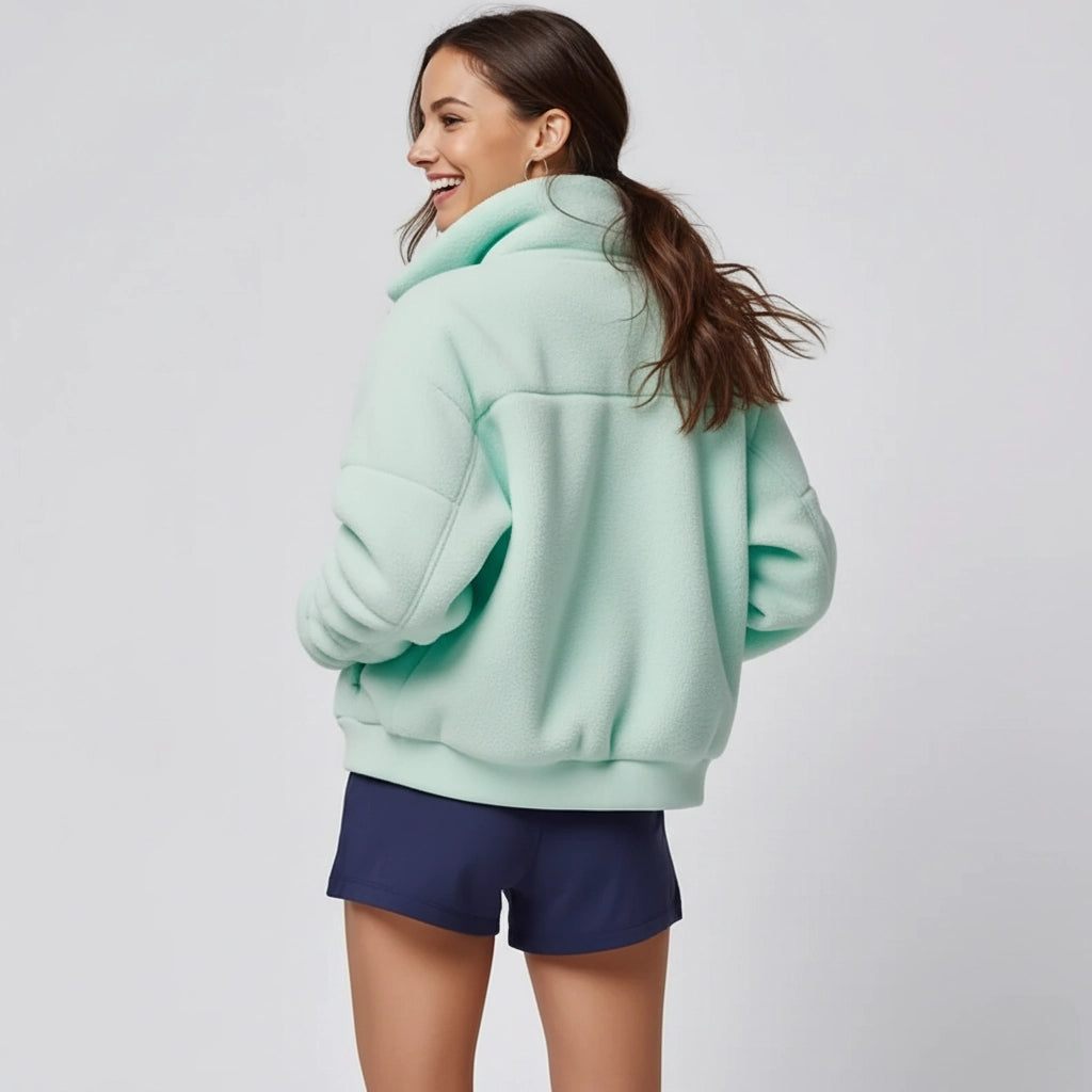 Gomovelive Mint Ridge – Mint Green Fleece Jacket with Front Pockets and High Neck