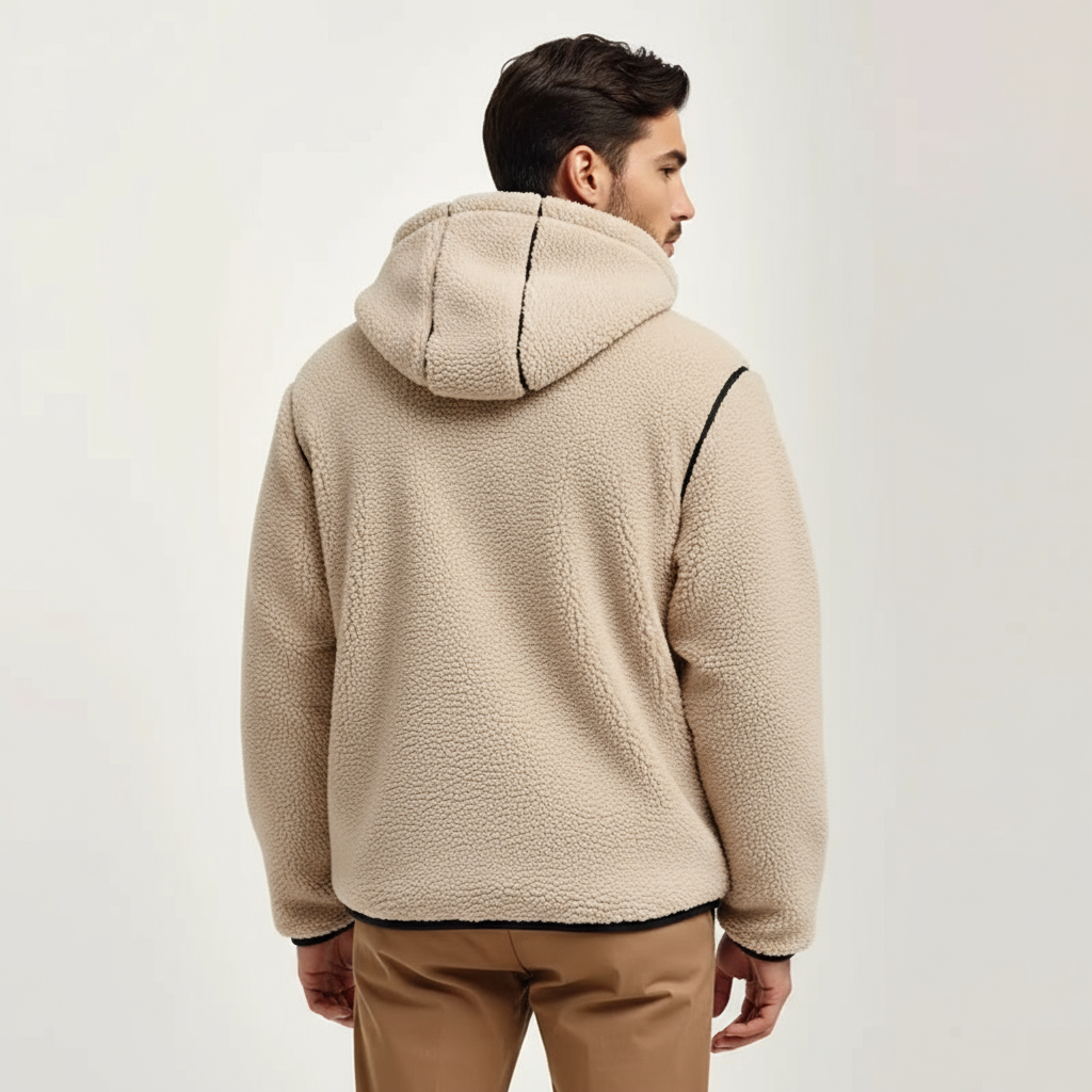 Sandform – Black Contrast Fleece Hooded Jacket with Functional Look