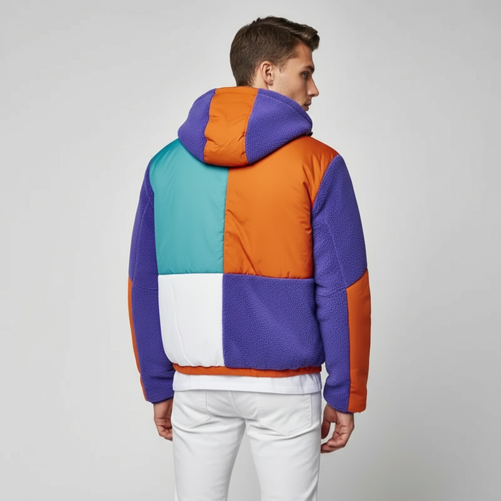 Spectrum Block – Giacca Patchwork Multicolore con Cappuccio e Logo Frontale