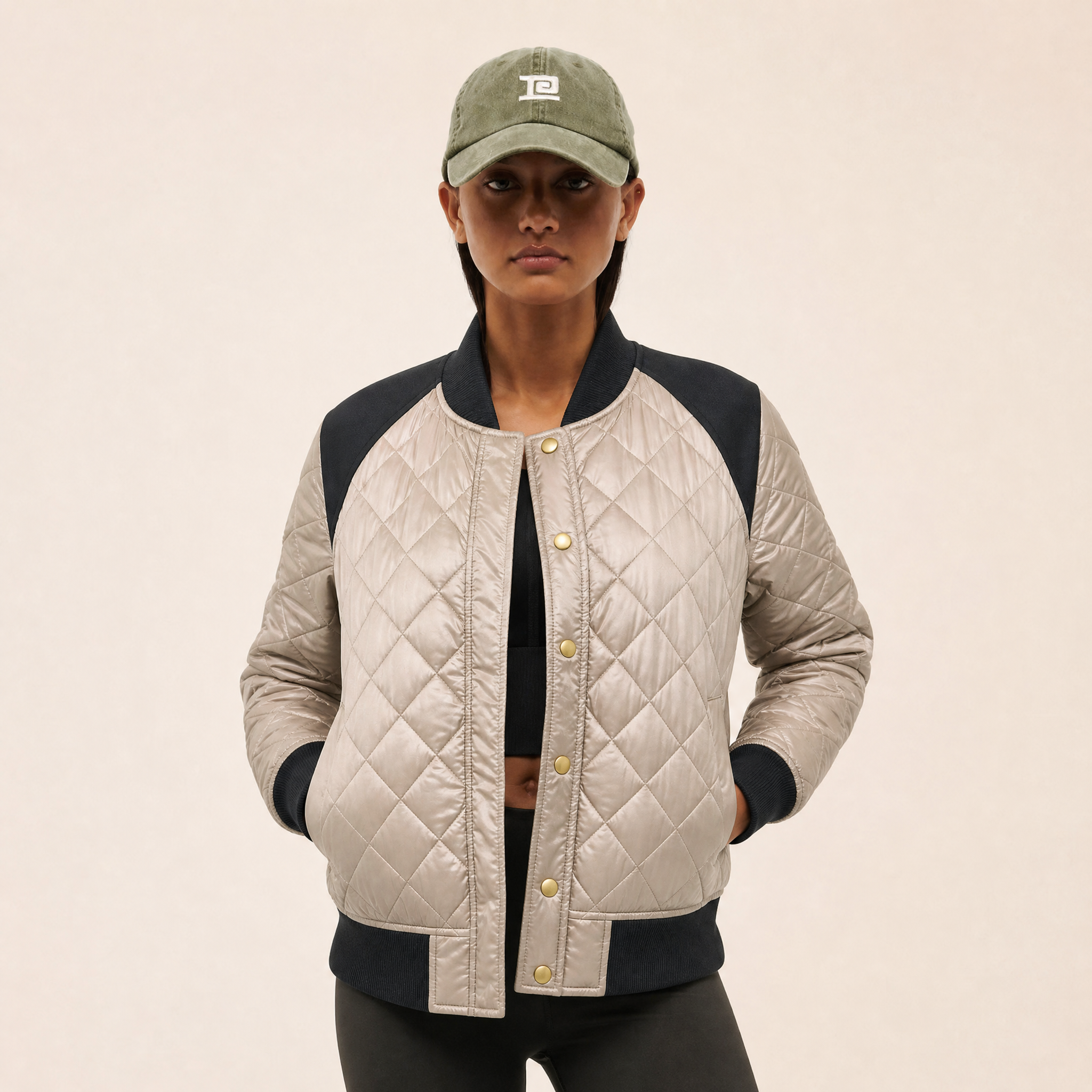 GOMOVELIVE “Aurora Seta” – Pearlized Gold Technical Bomber Jacket