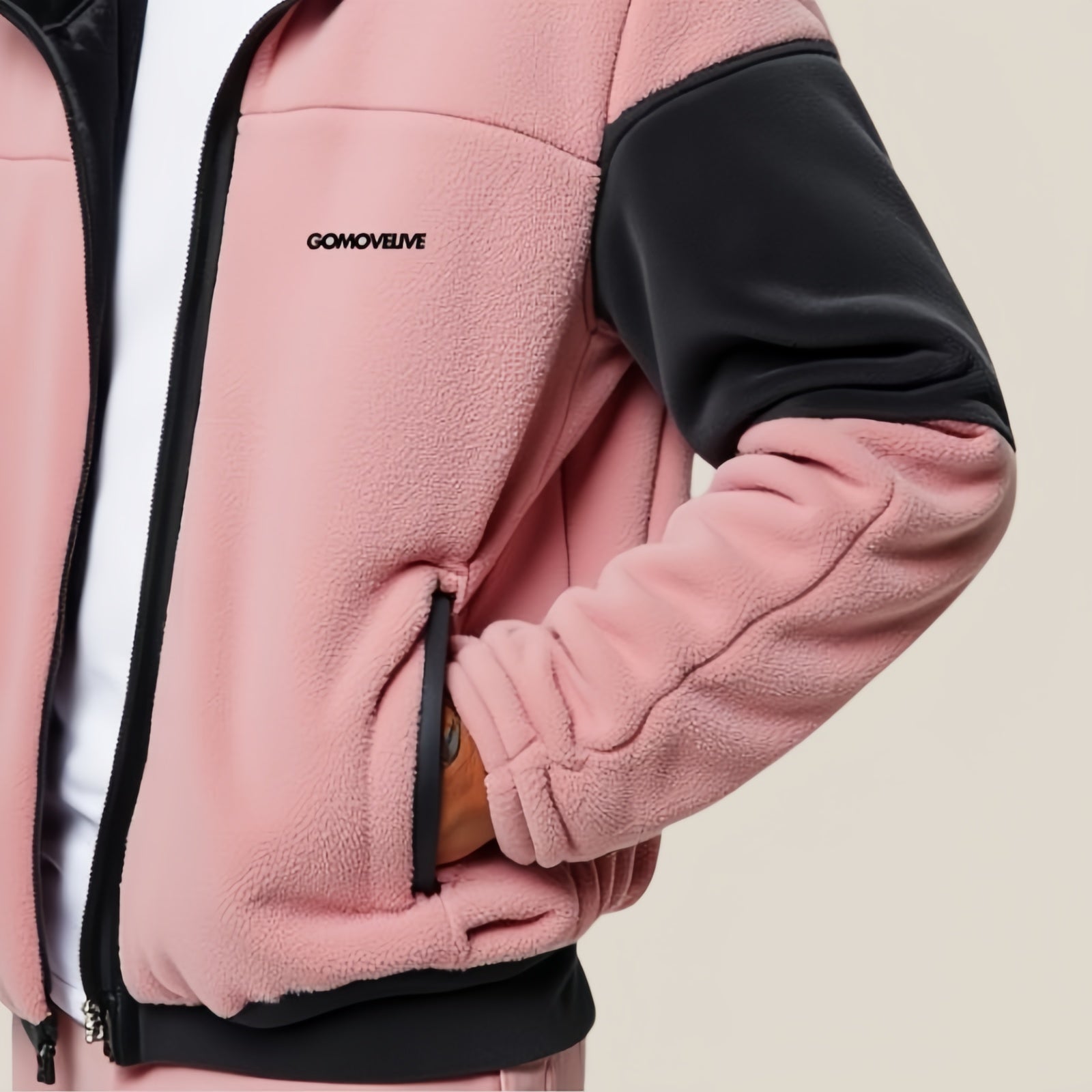 Antique Pink and Black Fleece Jacket - Modern Comfort and Sporty Style