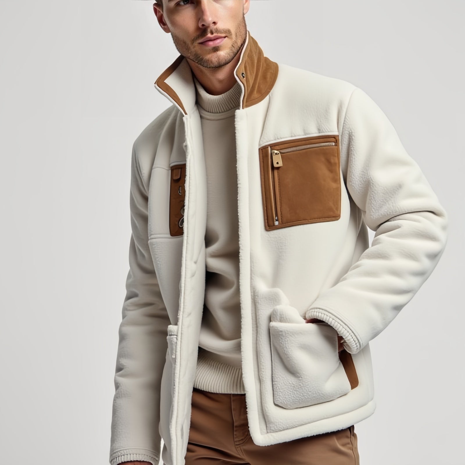 Soft Ivory Fleece Jacket with Contrasting Faux Leather Details