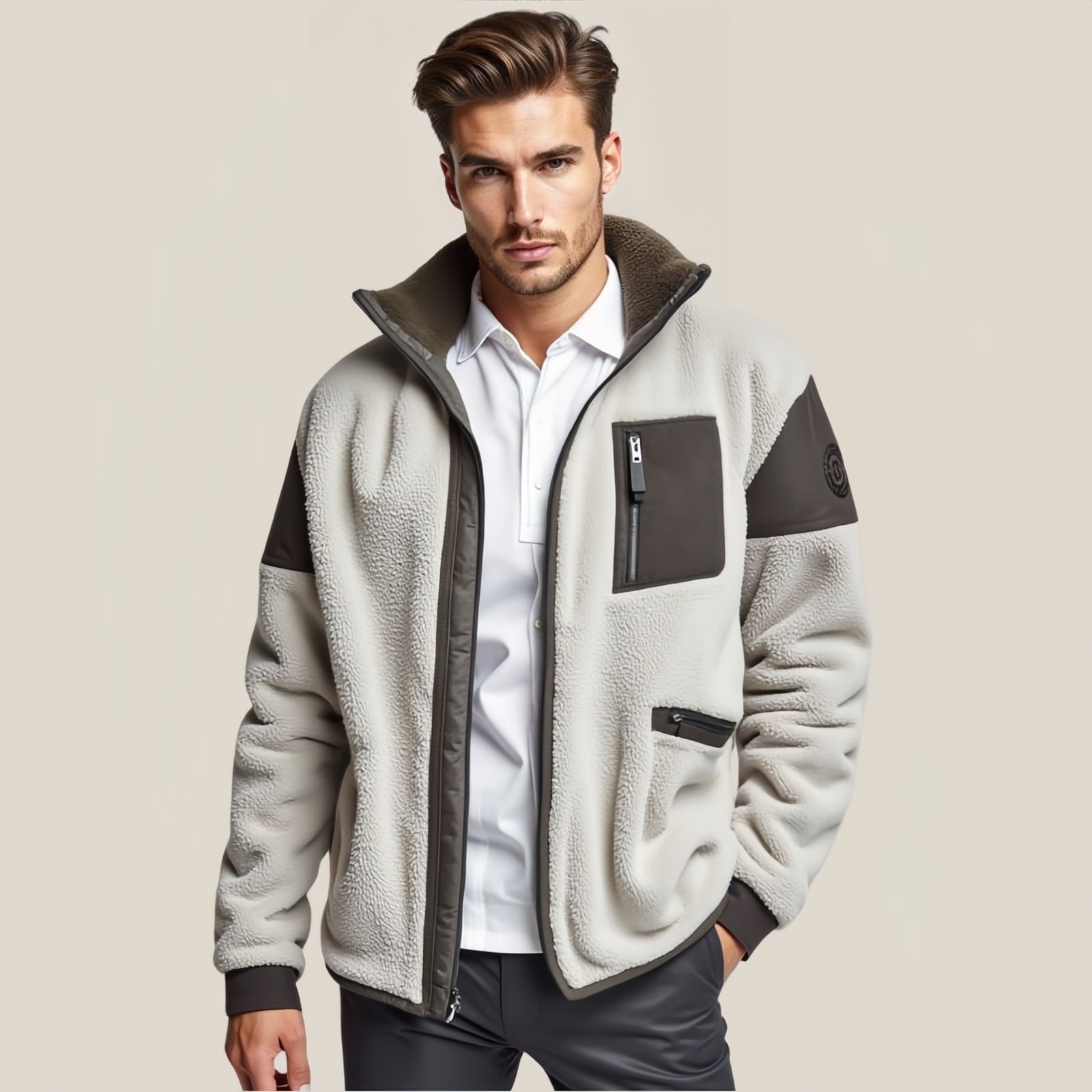 Light Teddy Bear Jacket with Contrasting Faux Leather Details