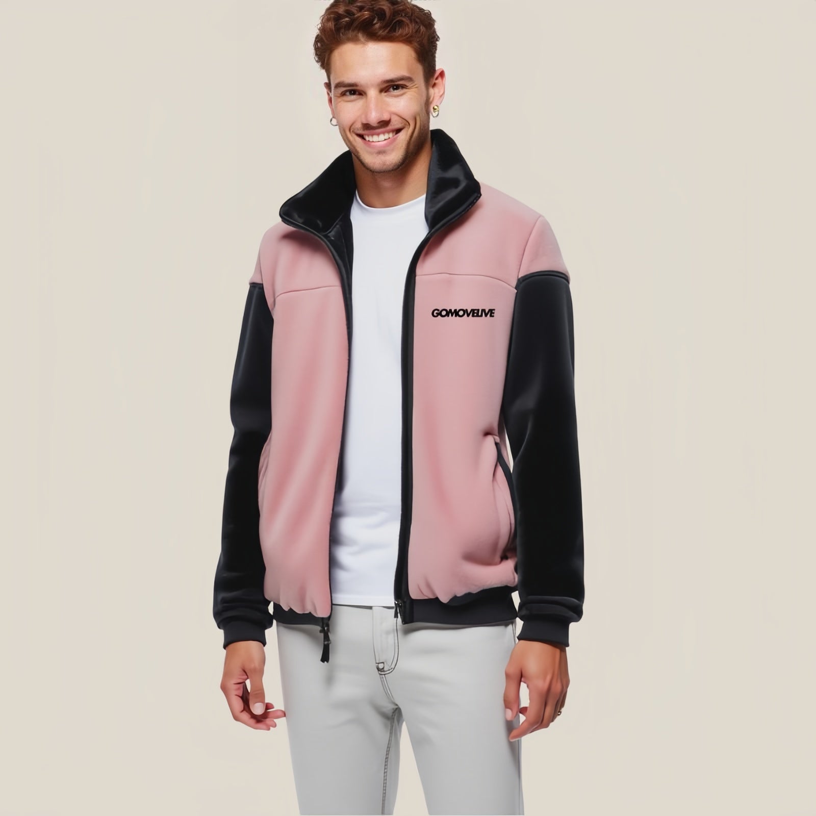 Powder Pink and Black Fleece Jacket - Modern Style and Snug Warmth