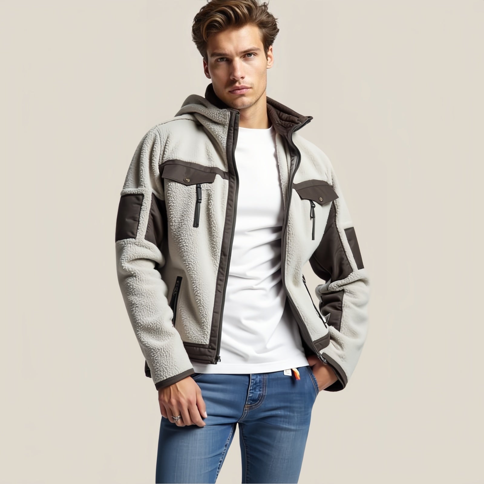 Light Teddy Bear Jacket with Contrasting Faux Leather Details