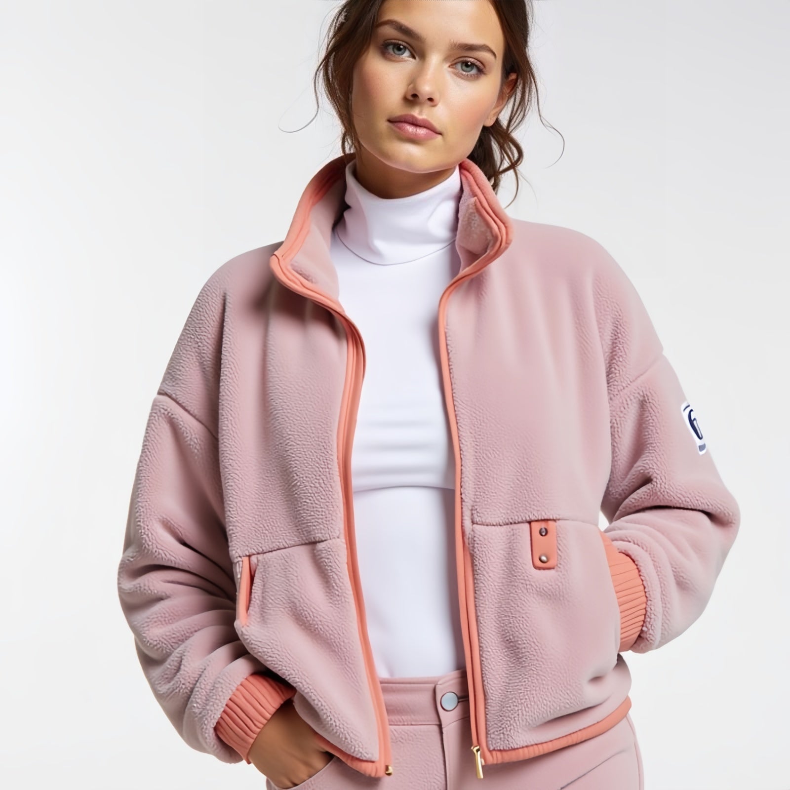 Blush Motion – Powder Pink Technical Jacket with High Collar and Utility Details