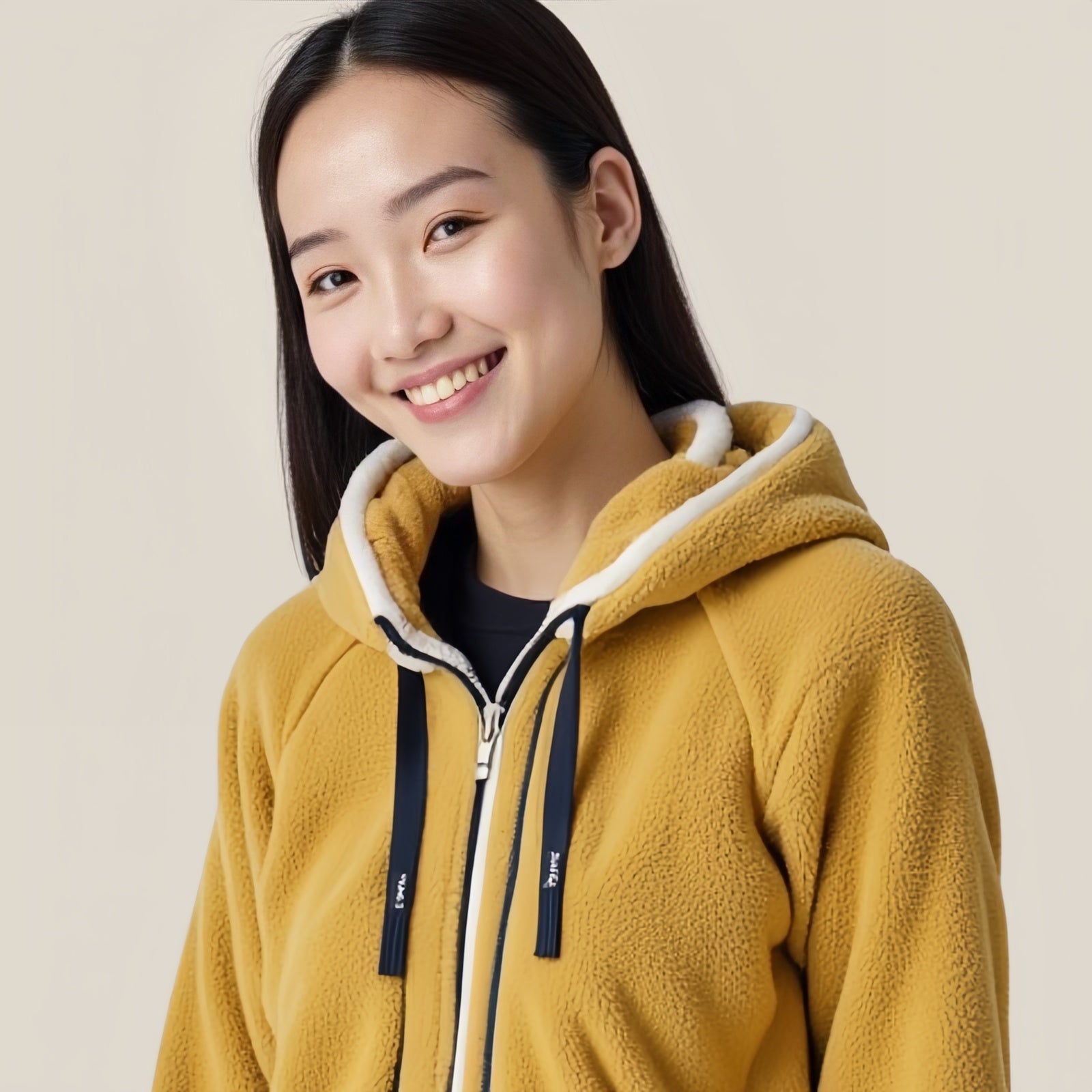 Mustard Fleece Jacket with Hood and Contrasting Details - Warmth and Modern Style