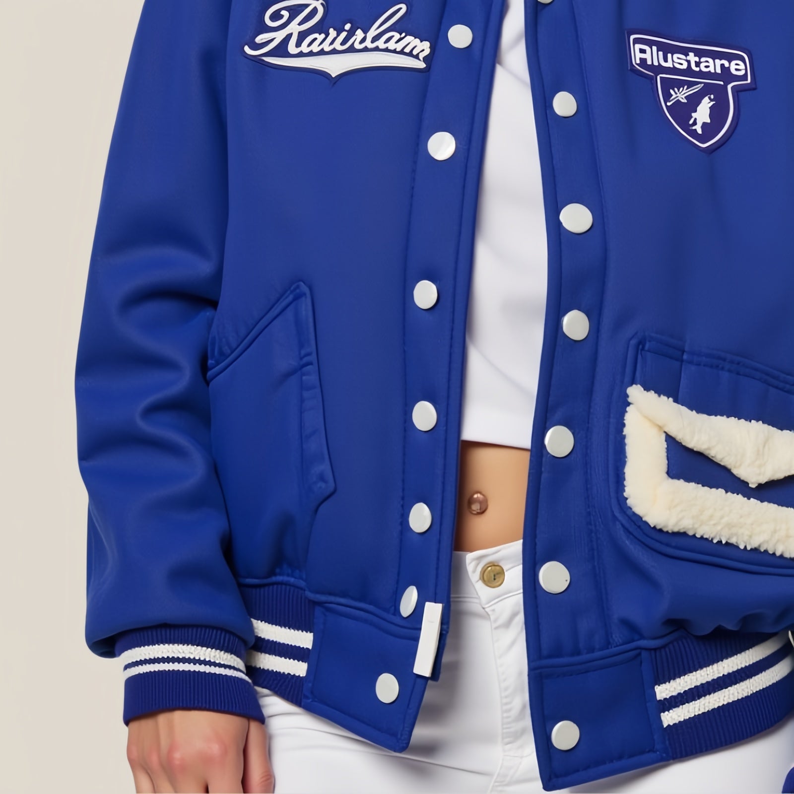 Cobalt Blue Varsity Jacket with White Detailing and Faux Fur Pocket - Iconic Style and Casual Comfort