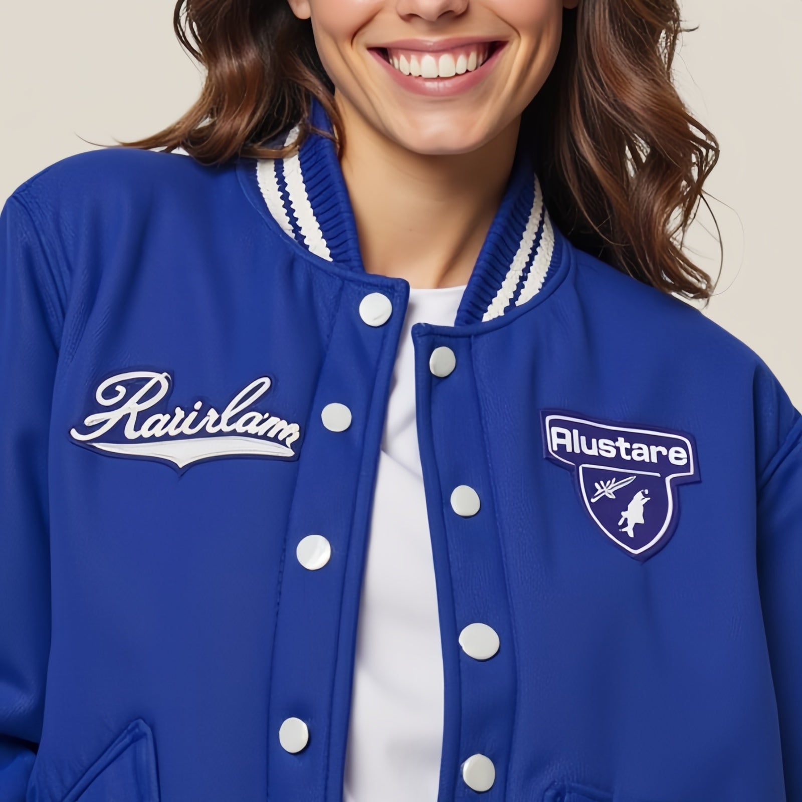 Cobalt Blue Varsity Jacket with White Detailing and Faux Fur Pocket - Iconic Style and Casual Comfort