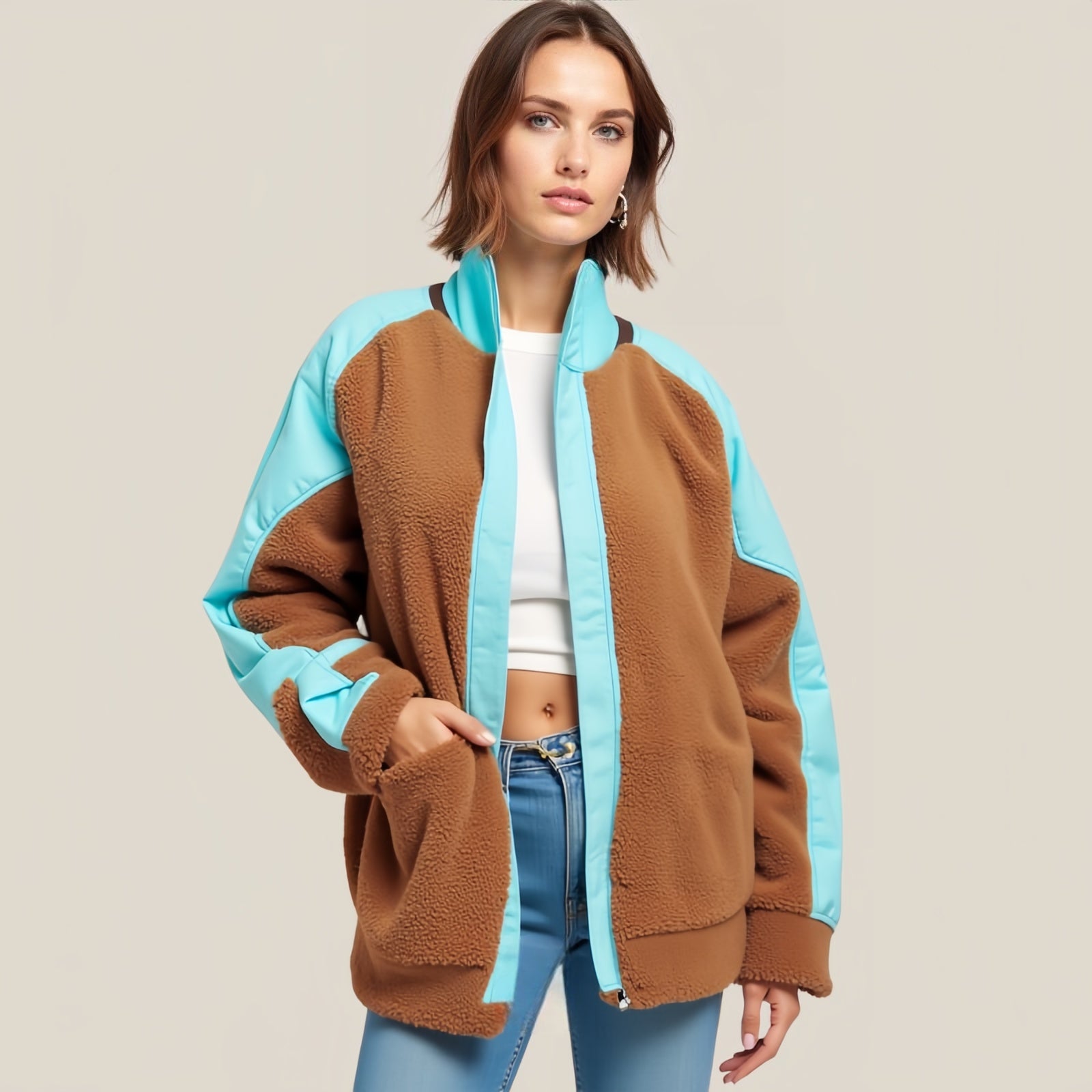 Cocoa Sky – Two-Tone Teddy Jacket with Pastel Details and a Soft Urban Character