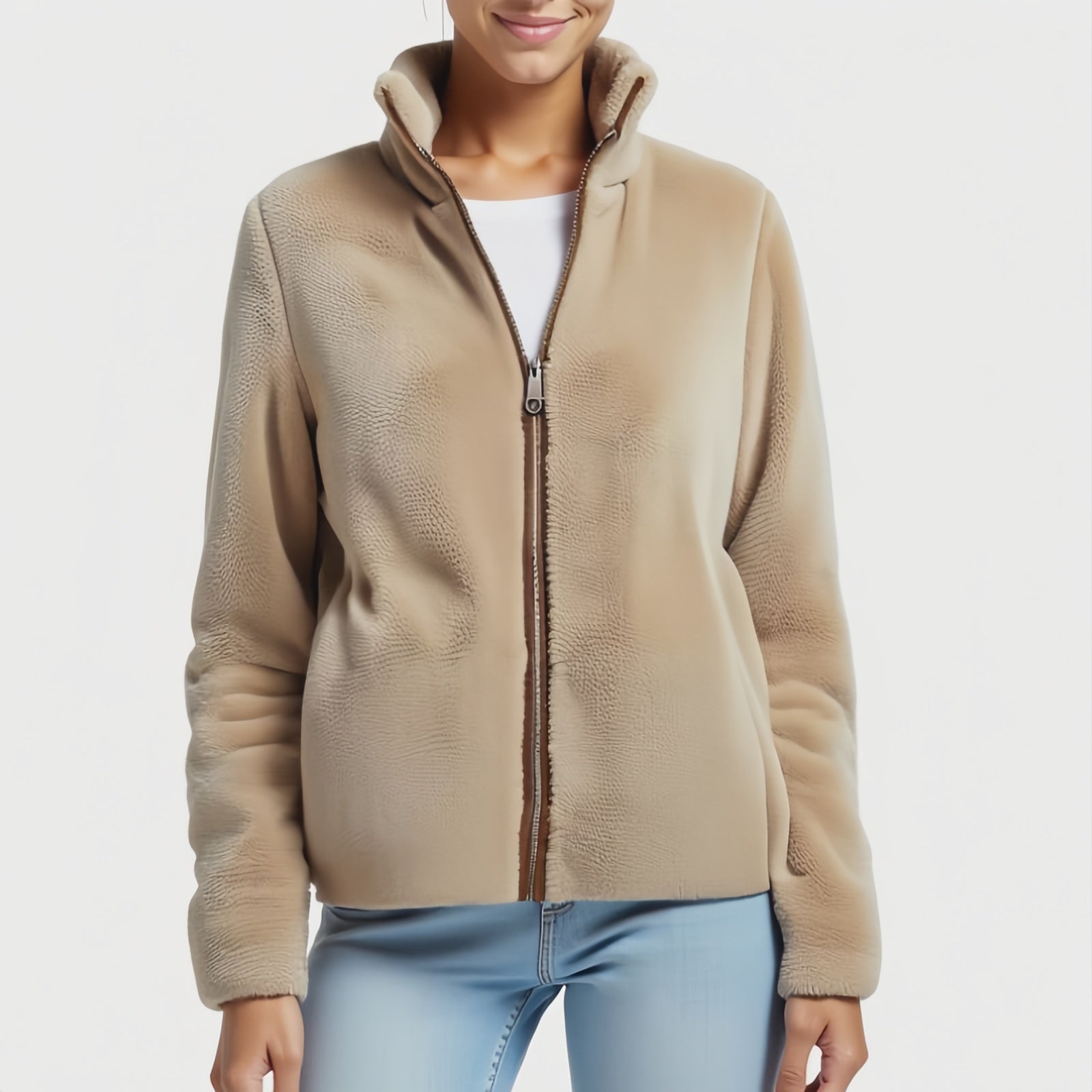 Cream Flow – Beige Fleece Jacket with High Neck and Clean Lines