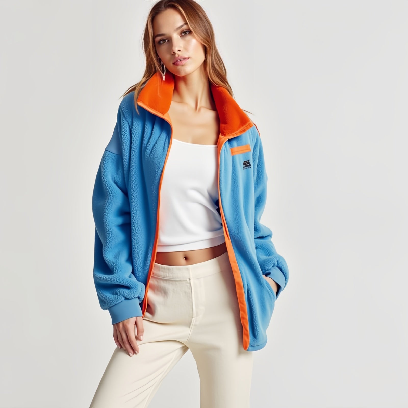 Cerulean Blue and Bright Orange Fleece Jacket - Distinctive Style and Snug Comfort