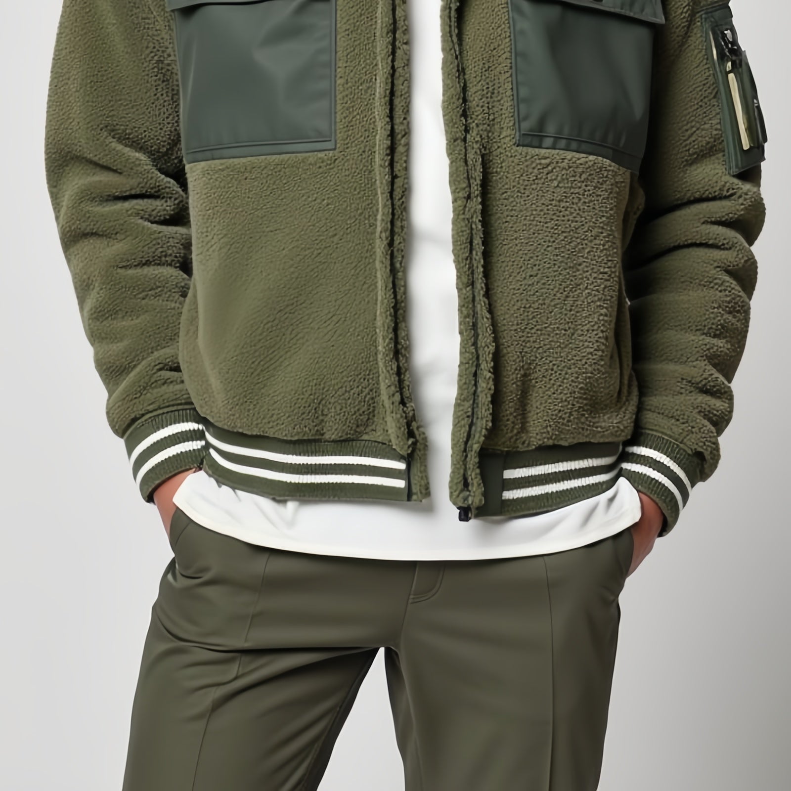 Military Green Fleece Jacket with Contrast Details - Urban Exploration