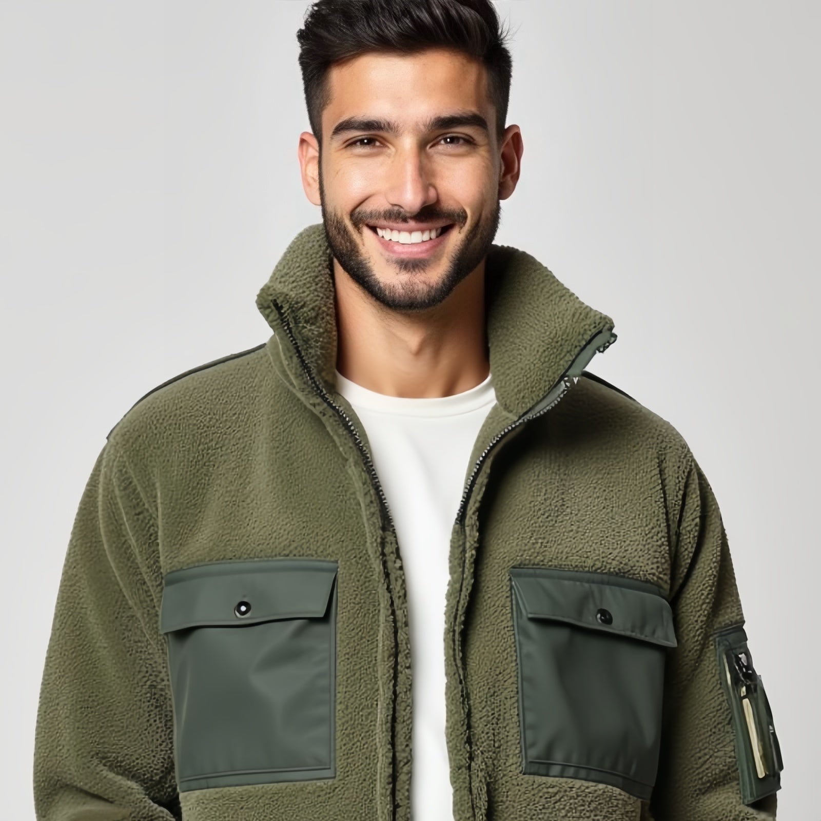 Military Green Fleece Jacket with Contrast Details - Urban Exploration