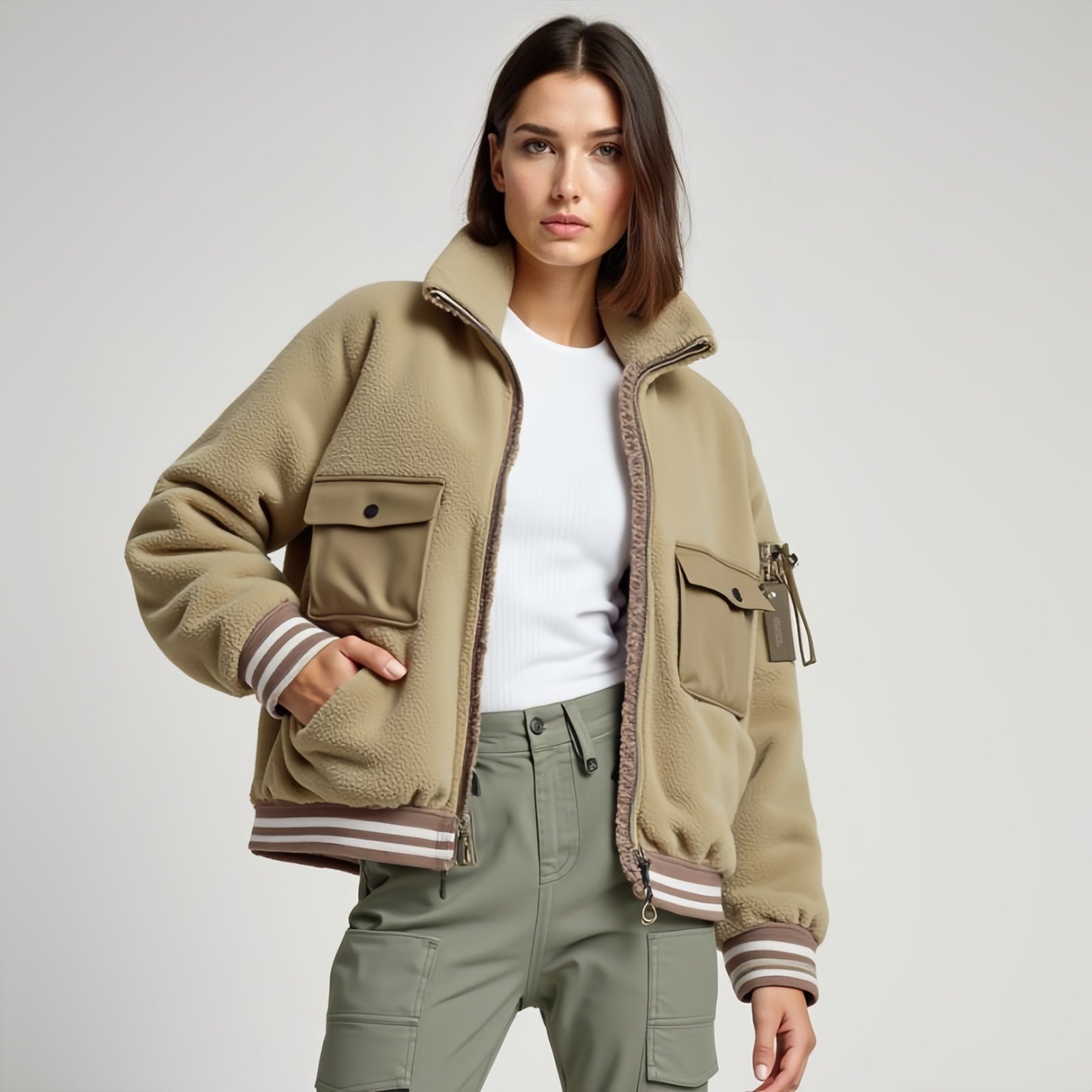Beige Fleece Bomber Jacket with Striped Details