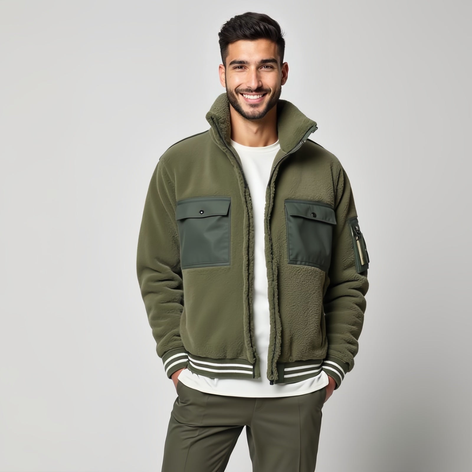 Military Green Fleece Jacket with Contrast Details - Urban Exploration