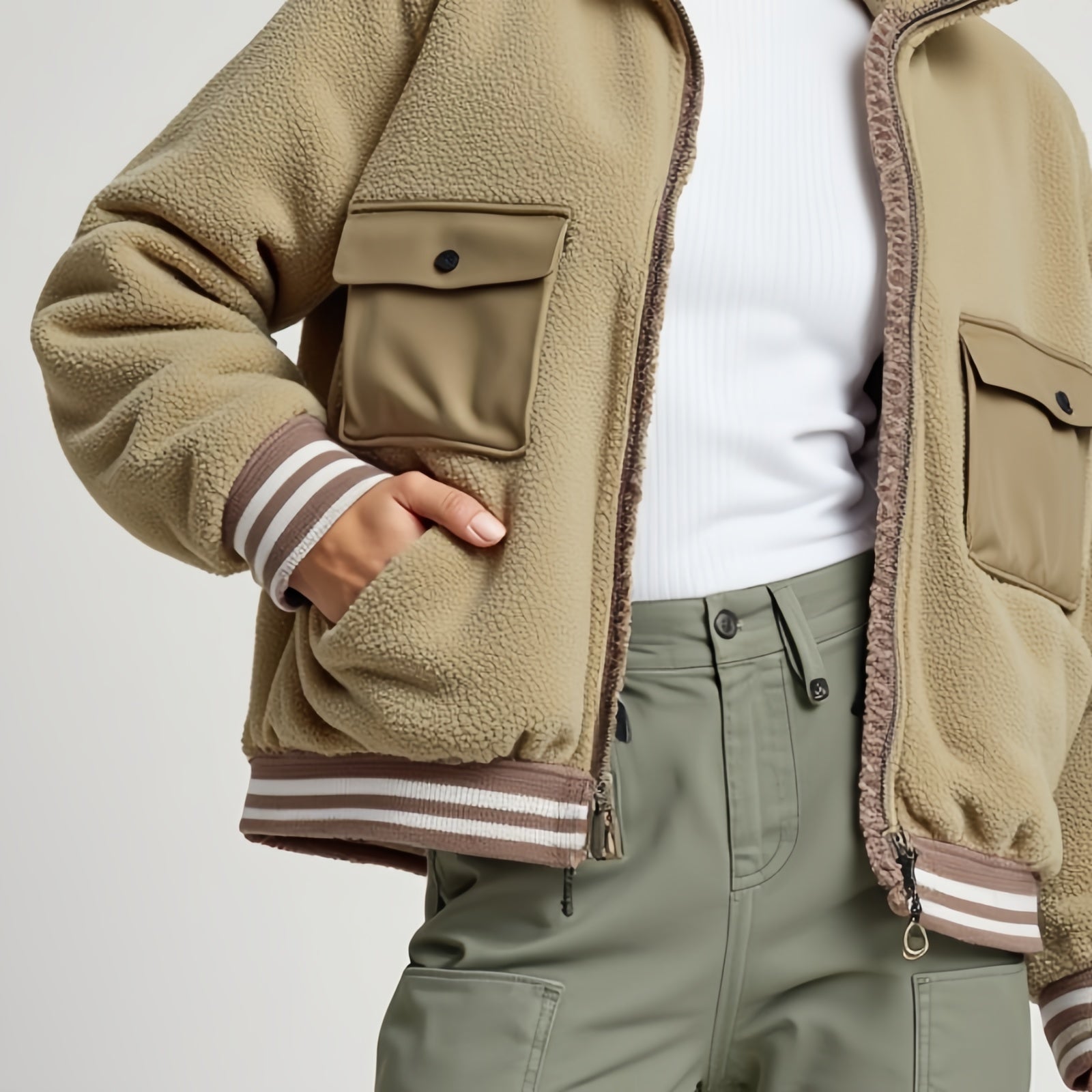 Beige Fleece Bomber Jacket with Striped Details