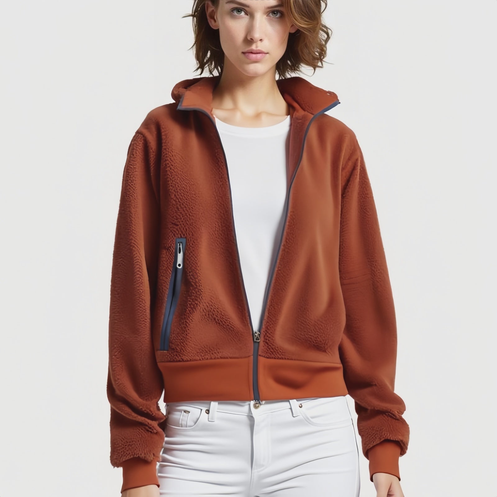 Amber Ridge – Rust Full-Zip Fleece Jacket with Minimalist Turtleneck