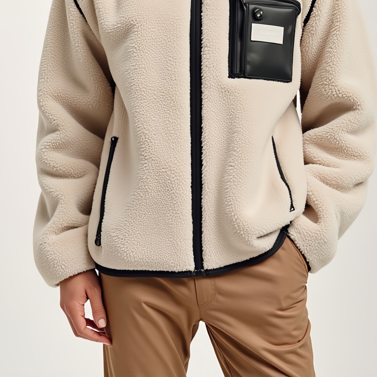 Sandform – Black Contrast Fleece Hooded Jacket with Functional Look