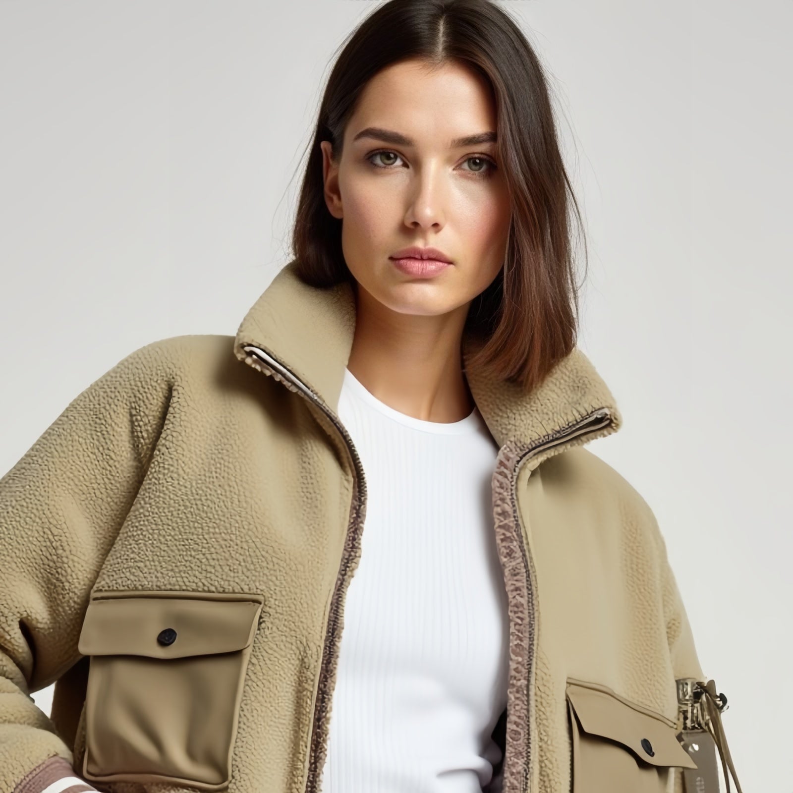Beige Fleece Bomber Jacket with Striped Details