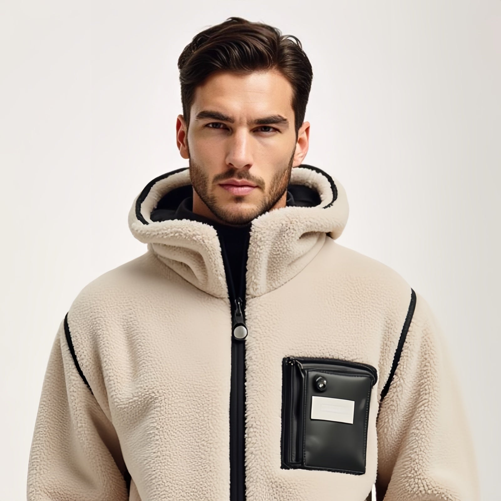 Sandform – Black Contrast Fleece Hooded Jacket with Functional Look