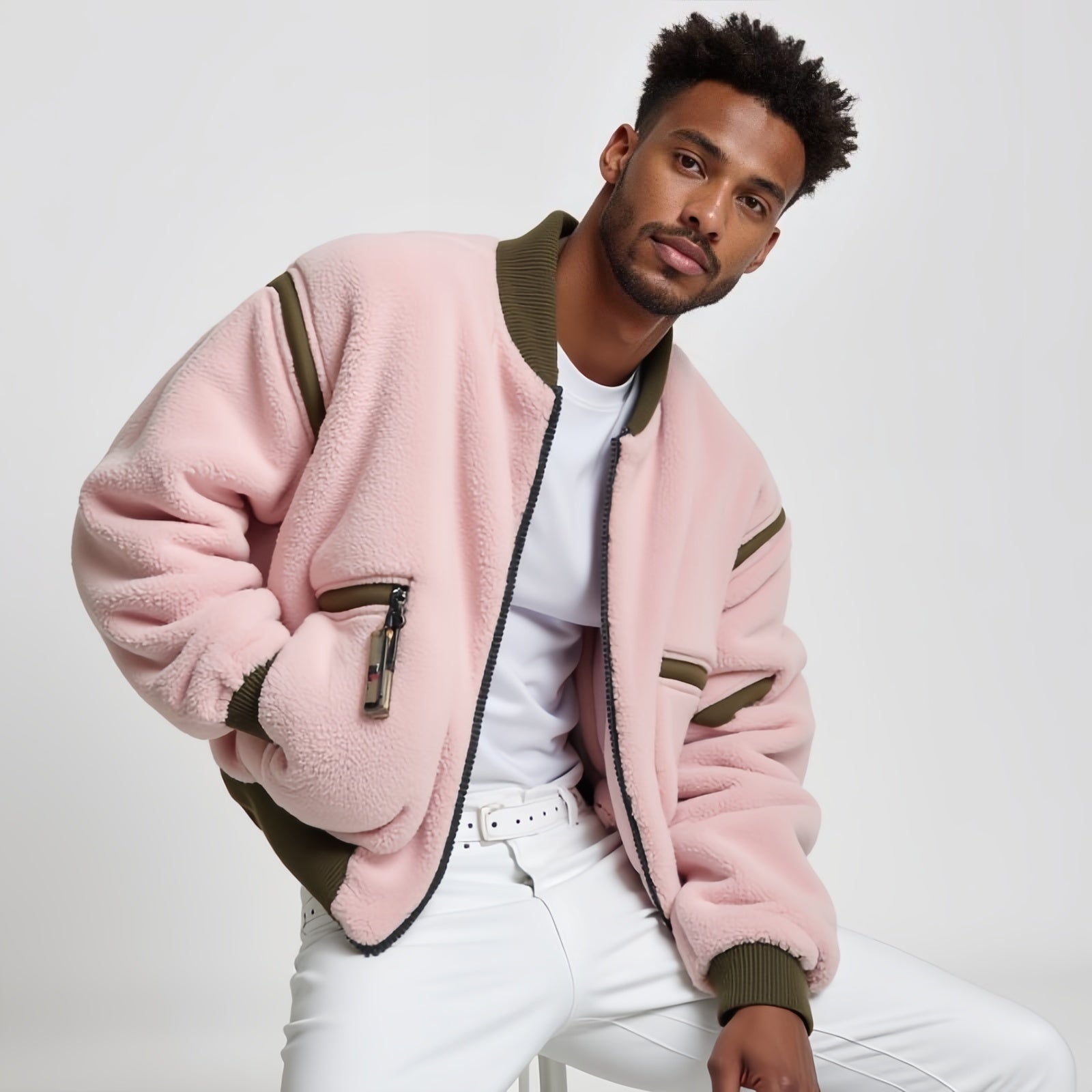 Blush Terrain – Pink Teddy Bomber Jacket with Olive Green Details and Urban Lines