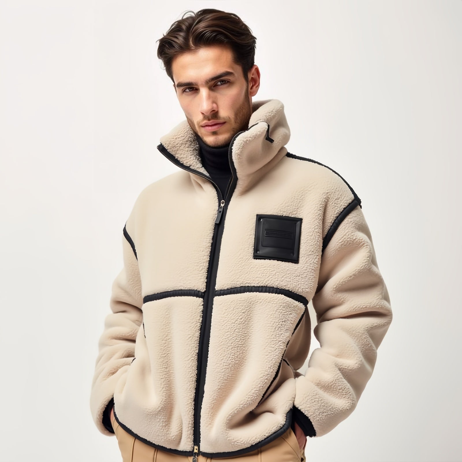Sandform – Black Contrast Fleece Hooded Jacket with Functional Look