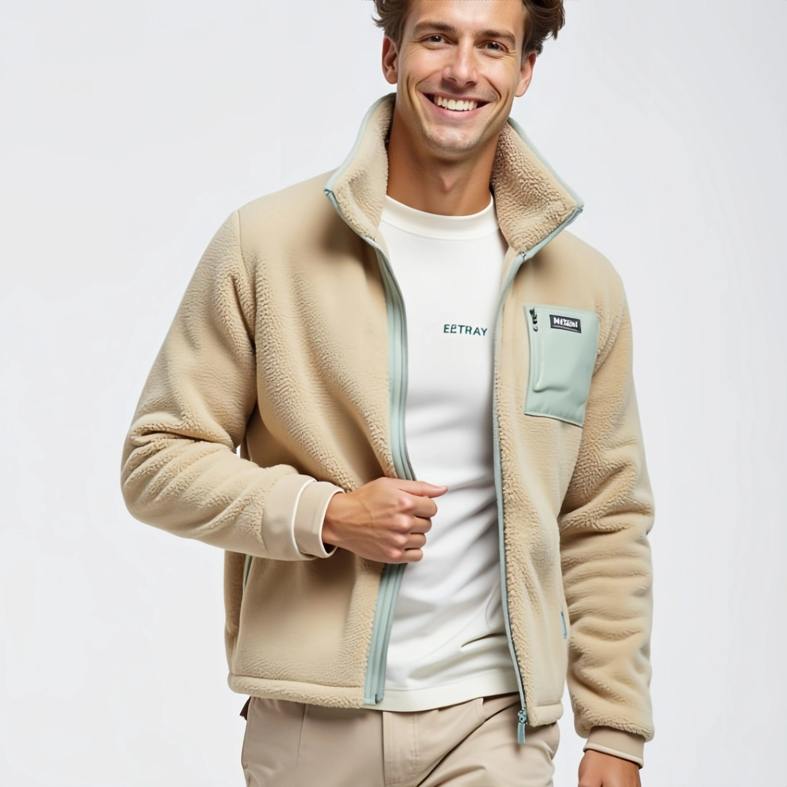 Miami Core – Beige Teddy Jacket with Light Blue Zip and Embroidered Patch