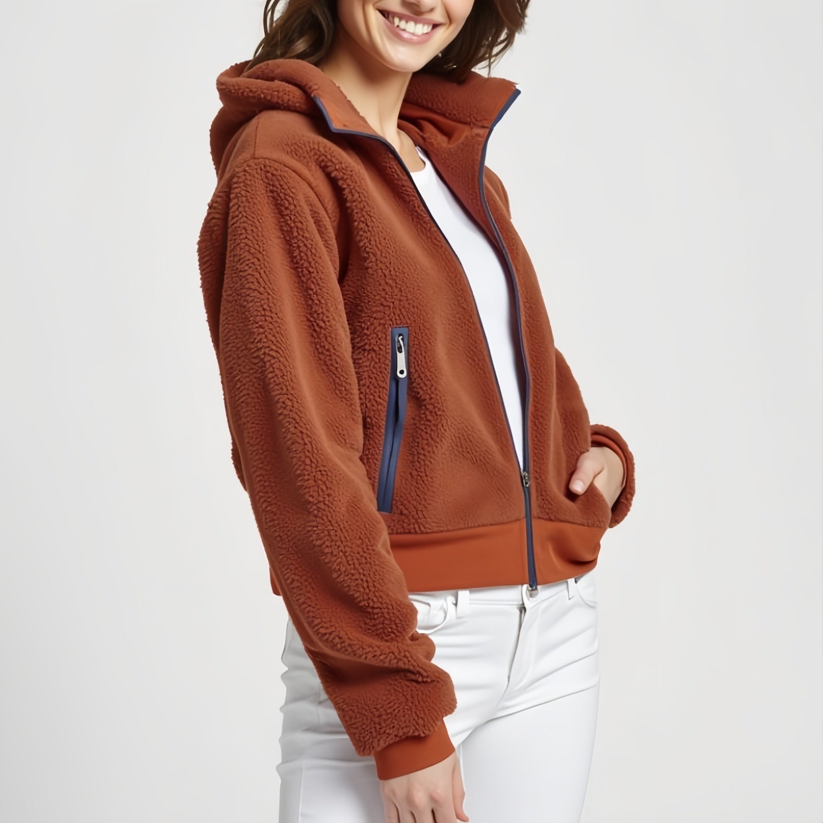 Amber Ridge – Rust Full-Zip Fleece Jacket with Minimalist Turtleneck