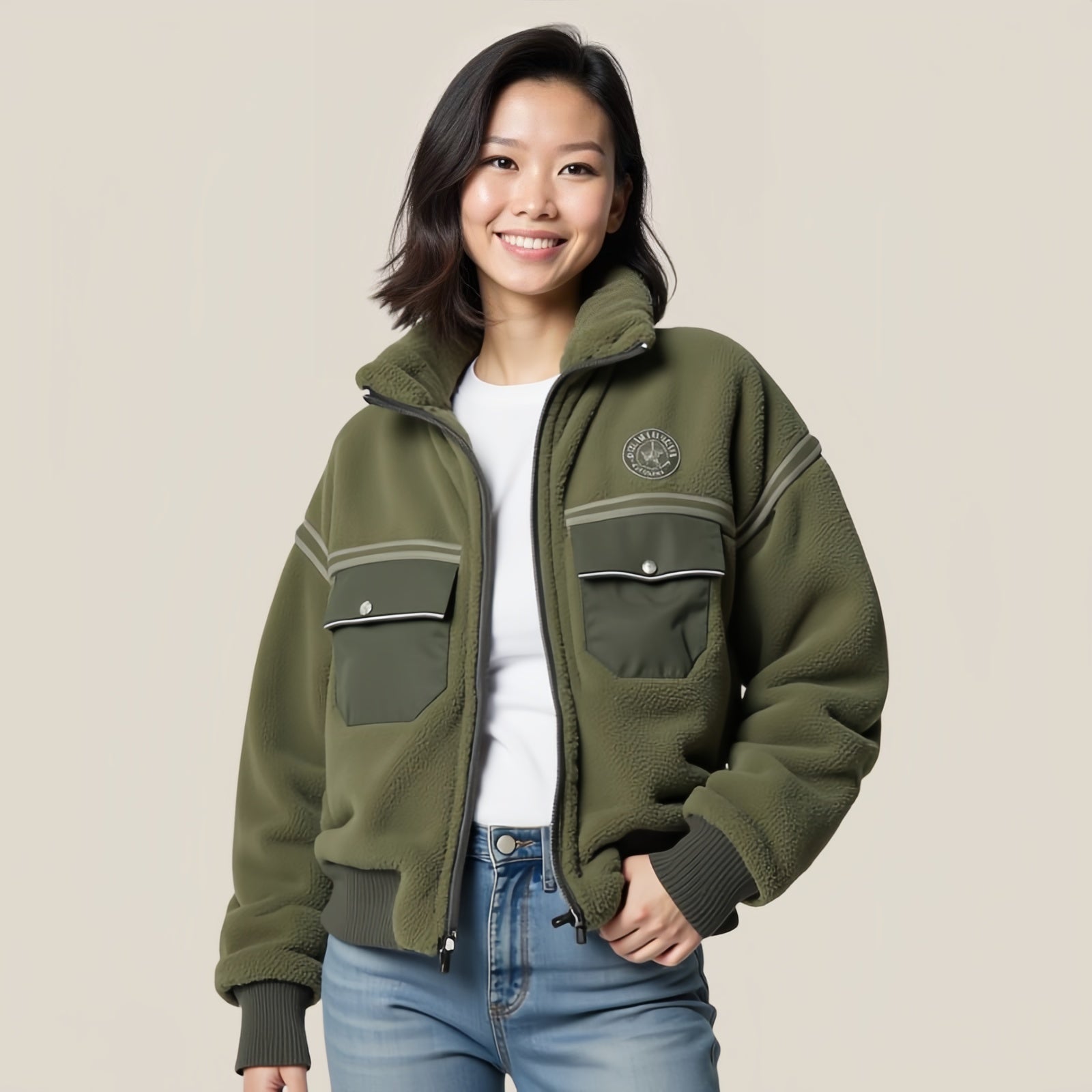 Evergreen Utility – Green Fleece Jacket with Cargo Details and Functional Style