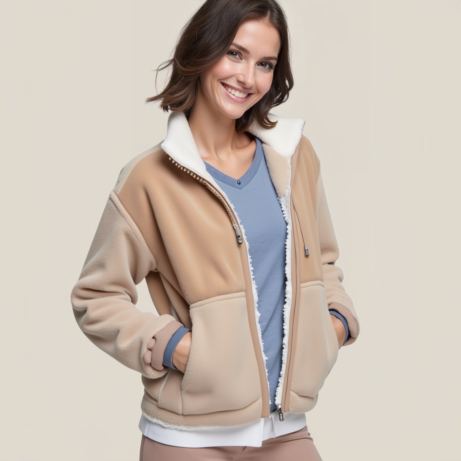Cream Fold – Beige Fleece Jacket with White Sherpa Lining and Oversized Pockets
