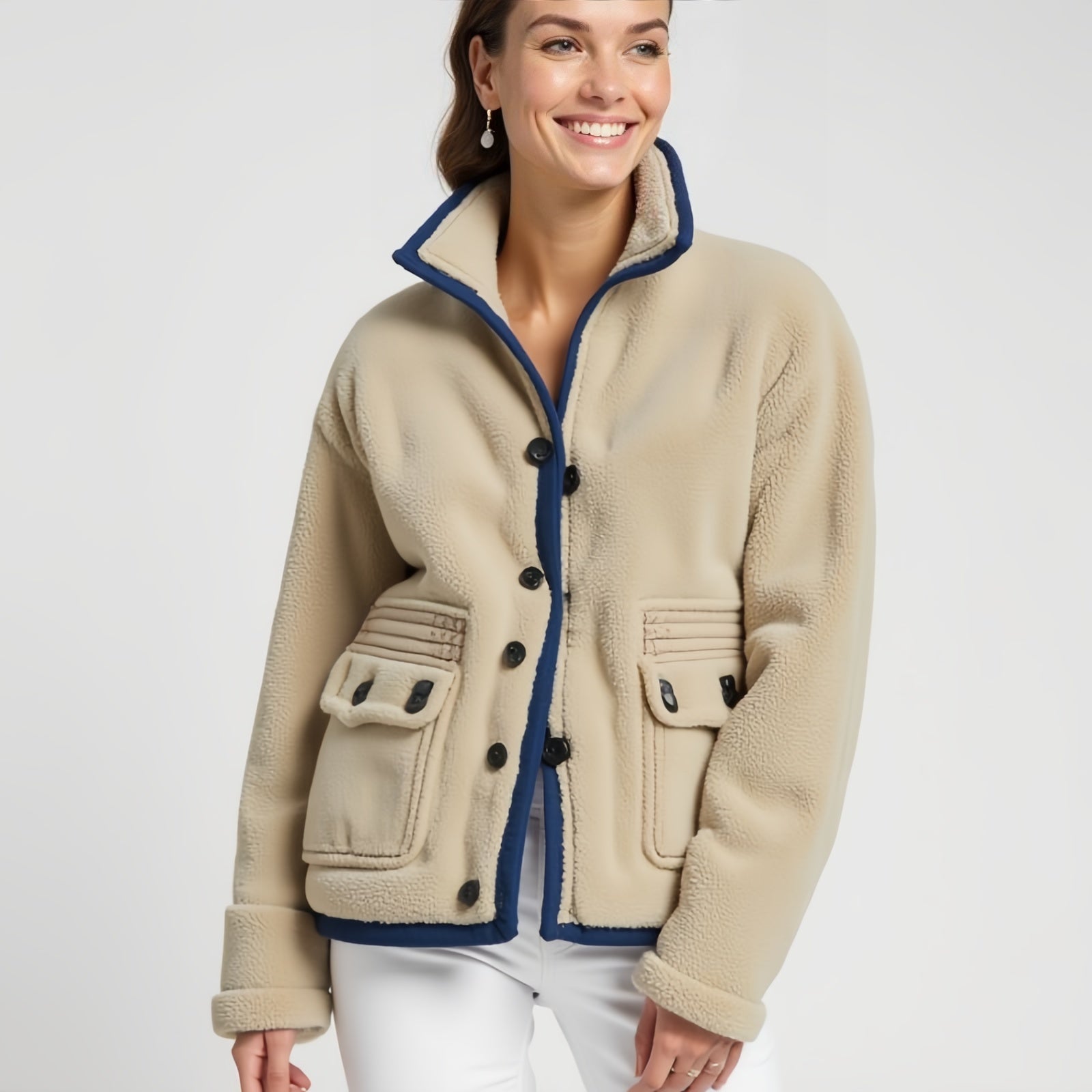 Sand Ridge – Giacca Beige in Pile con Dettagli Blu e Tasche a Patta