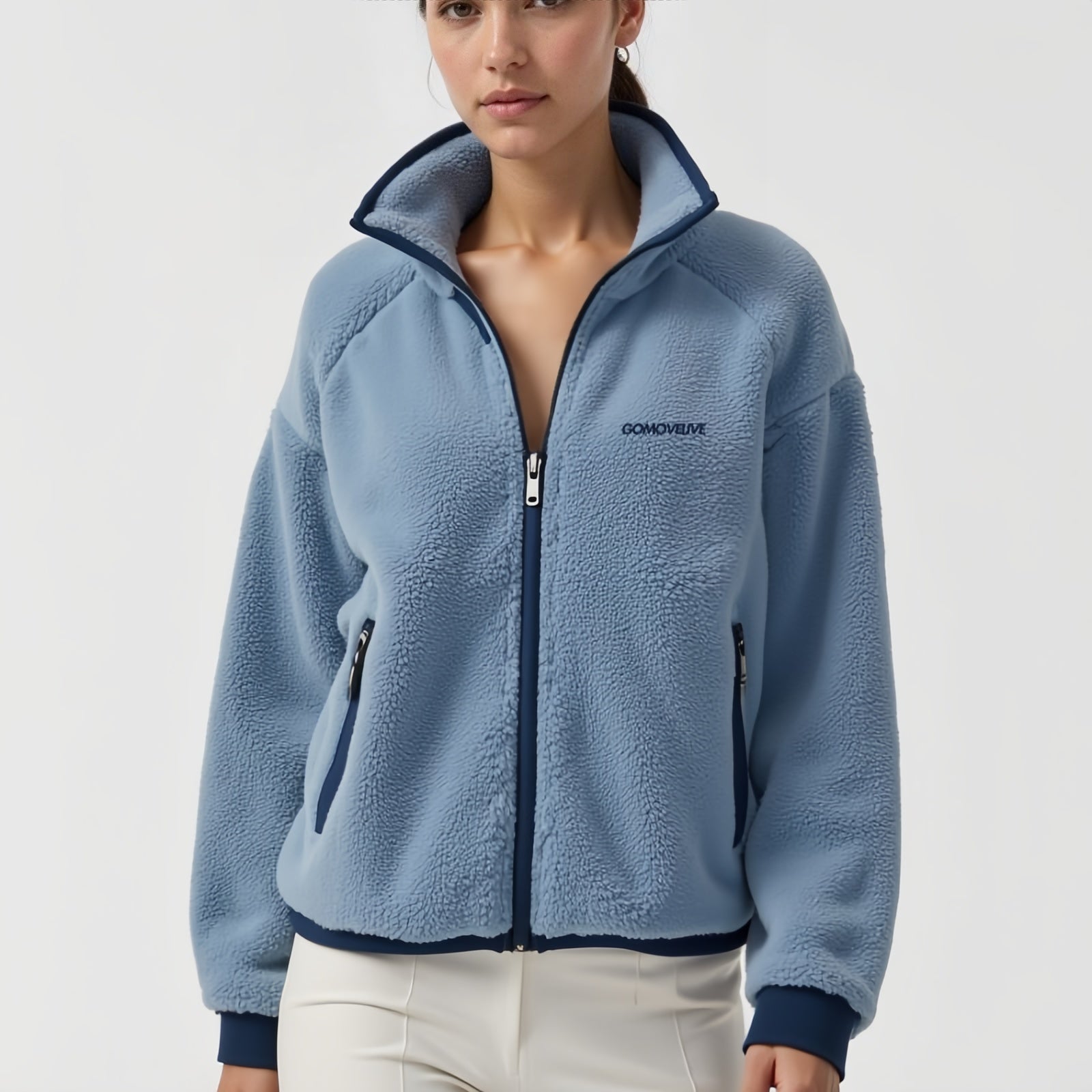 Fjord Sky – Full-Zip Jacket in Light Blue with Midnight Blue Trim and High Collar