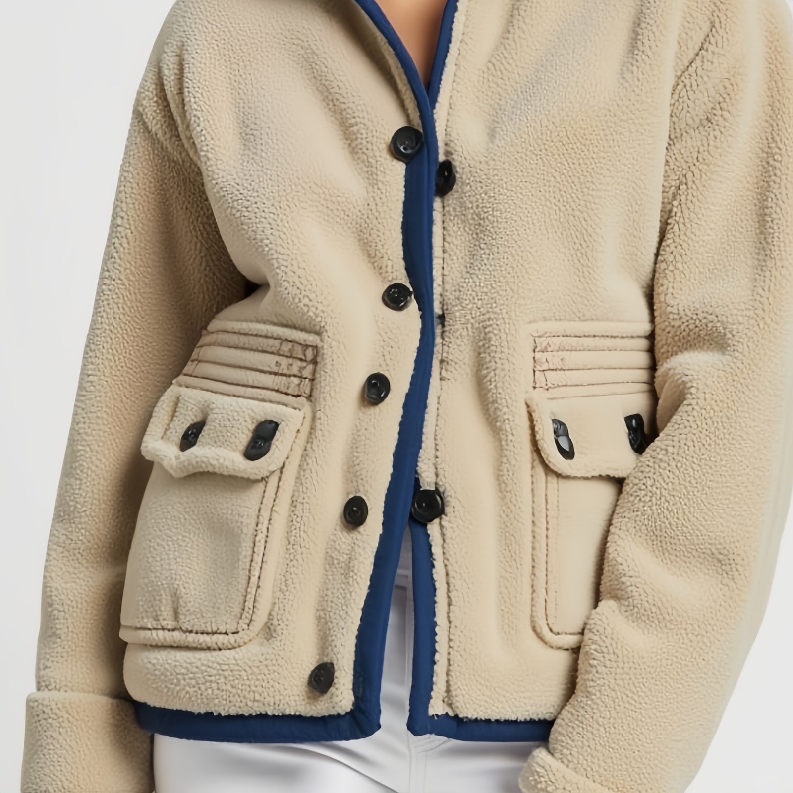 Sand Ridge – Giacca Beige in Pile con Dettagli Blu e Tasche a Patta