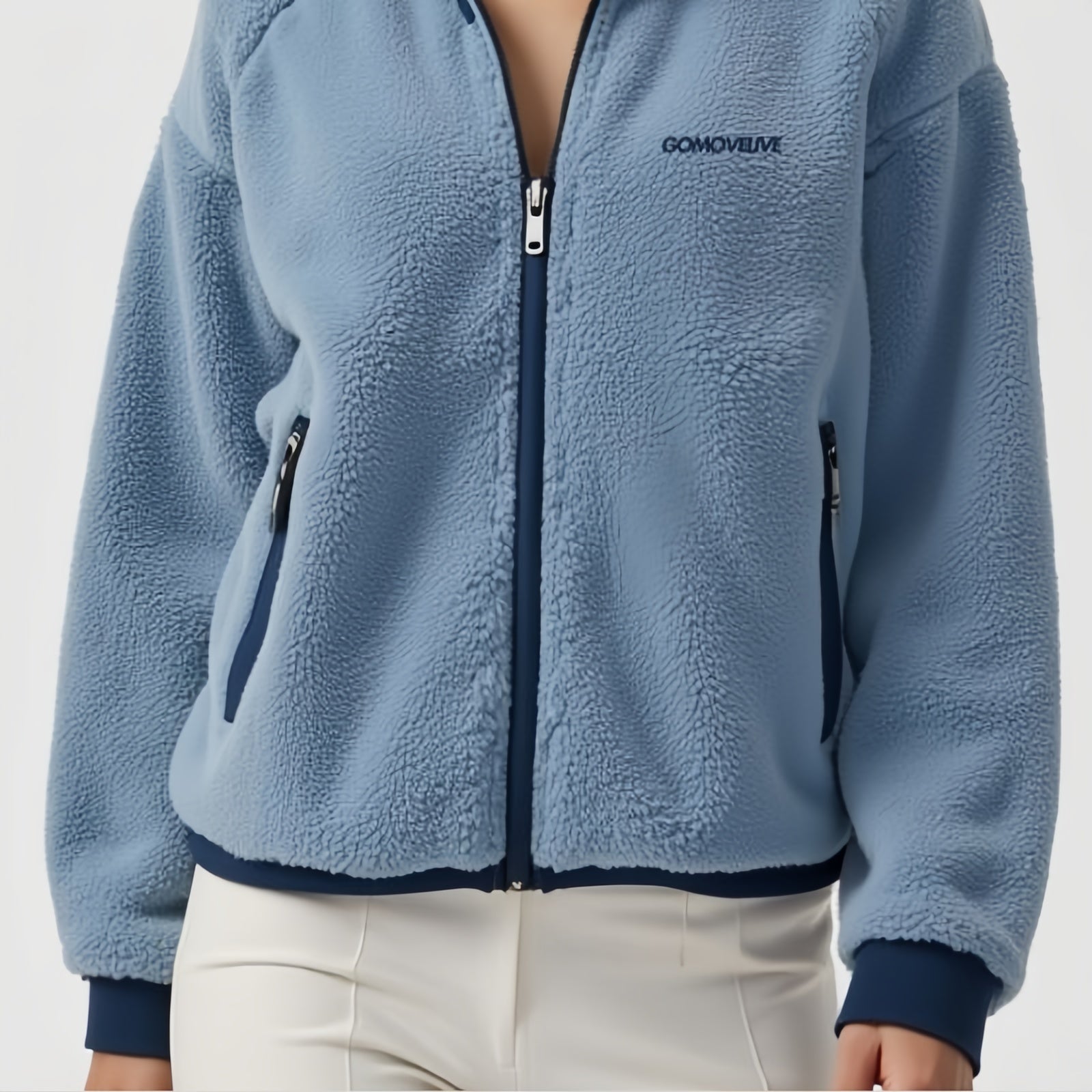 Fjord Sky – Full-Zip Jacket in Light Blue with Midnight Blue Trim and High Collar