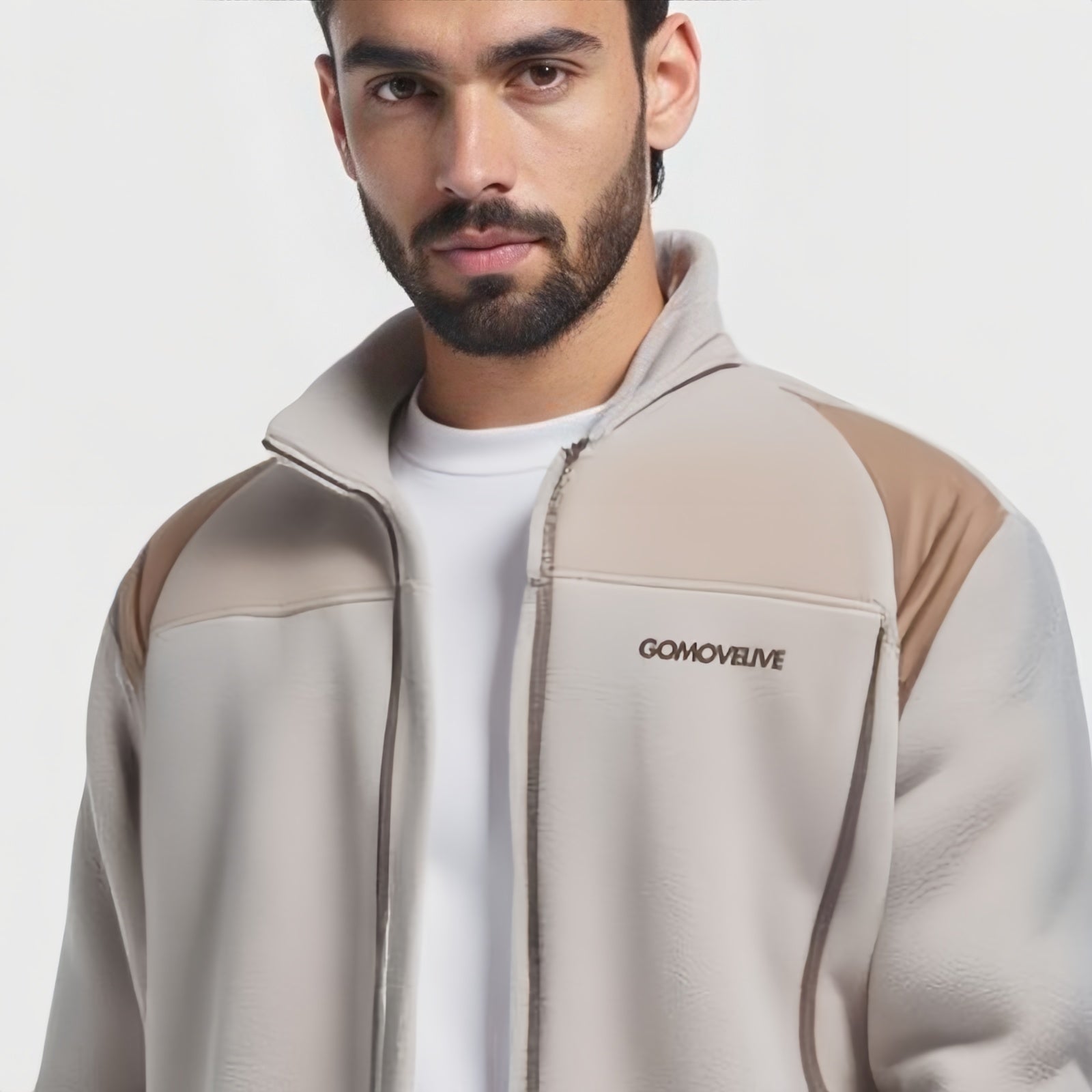Stone Range – Giacca Zip-Up Beige con Spalle Rinforzate e Collo Alto